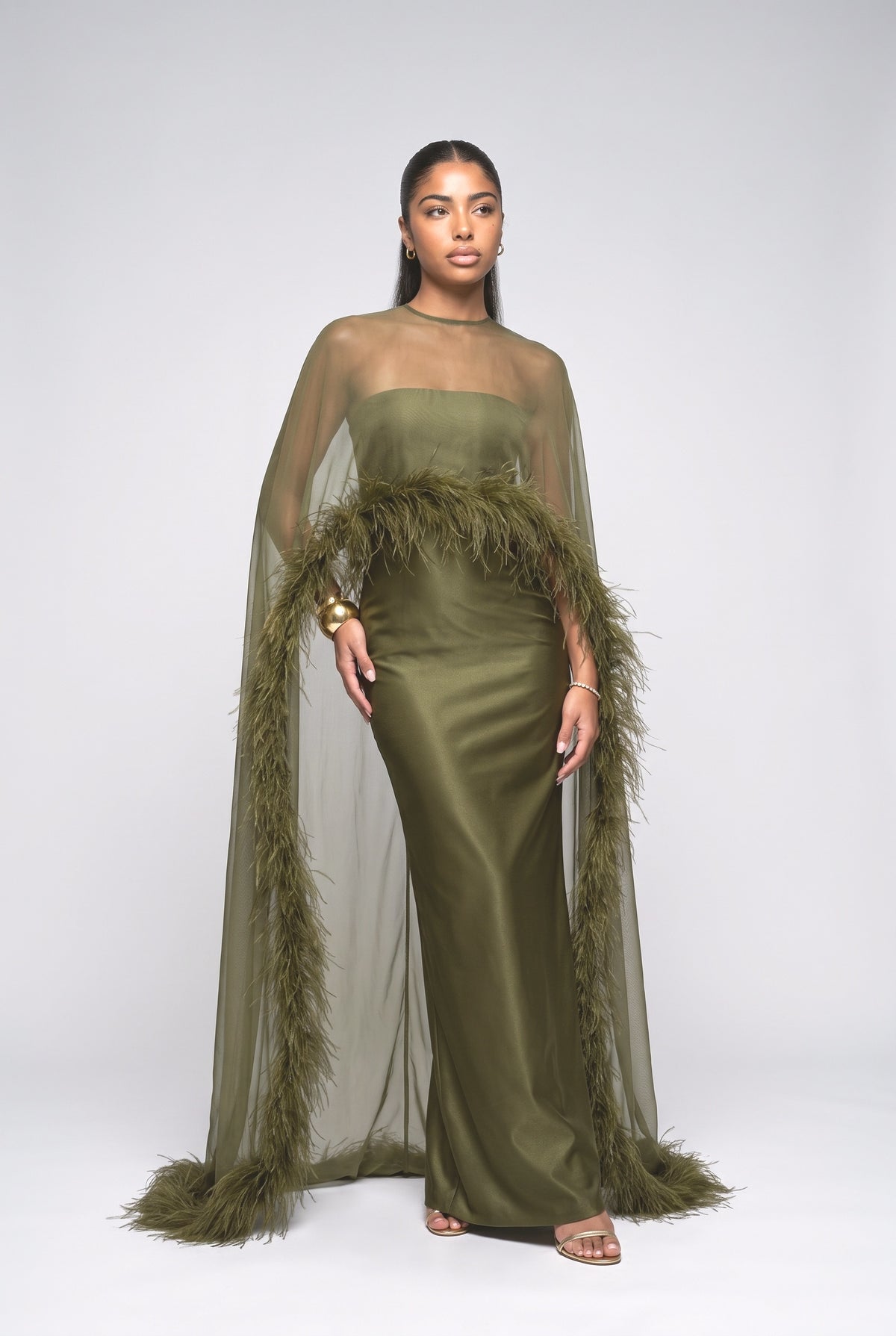 Satin Feather Trim Maxi Dress, dark green