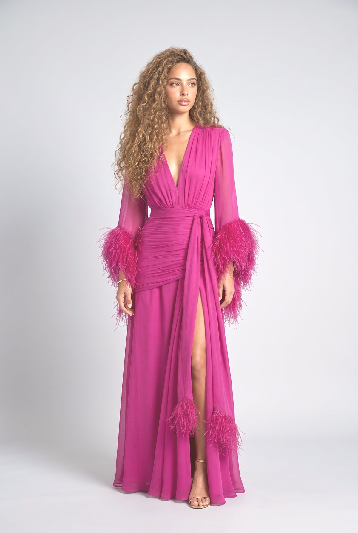 Chiffon V-Neck Feather Trim Maxi Dress, dark pink