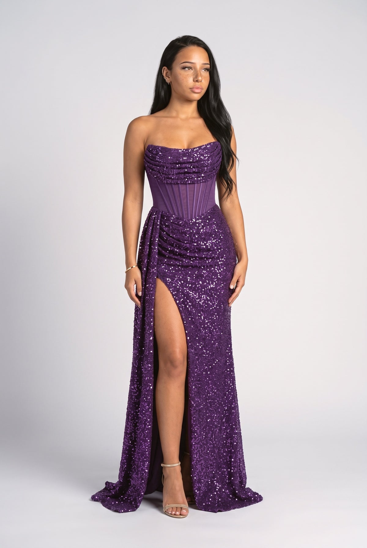 Sequin Strapless Slit Maxi Dress, dark purple