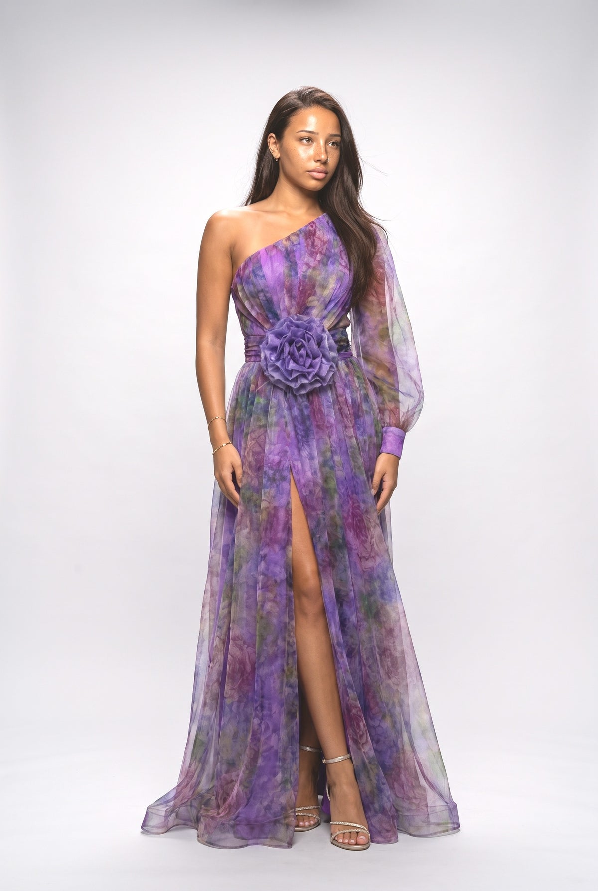 Floral Sheer One-Shoulder Ruched Maxi Dress, dark purple
