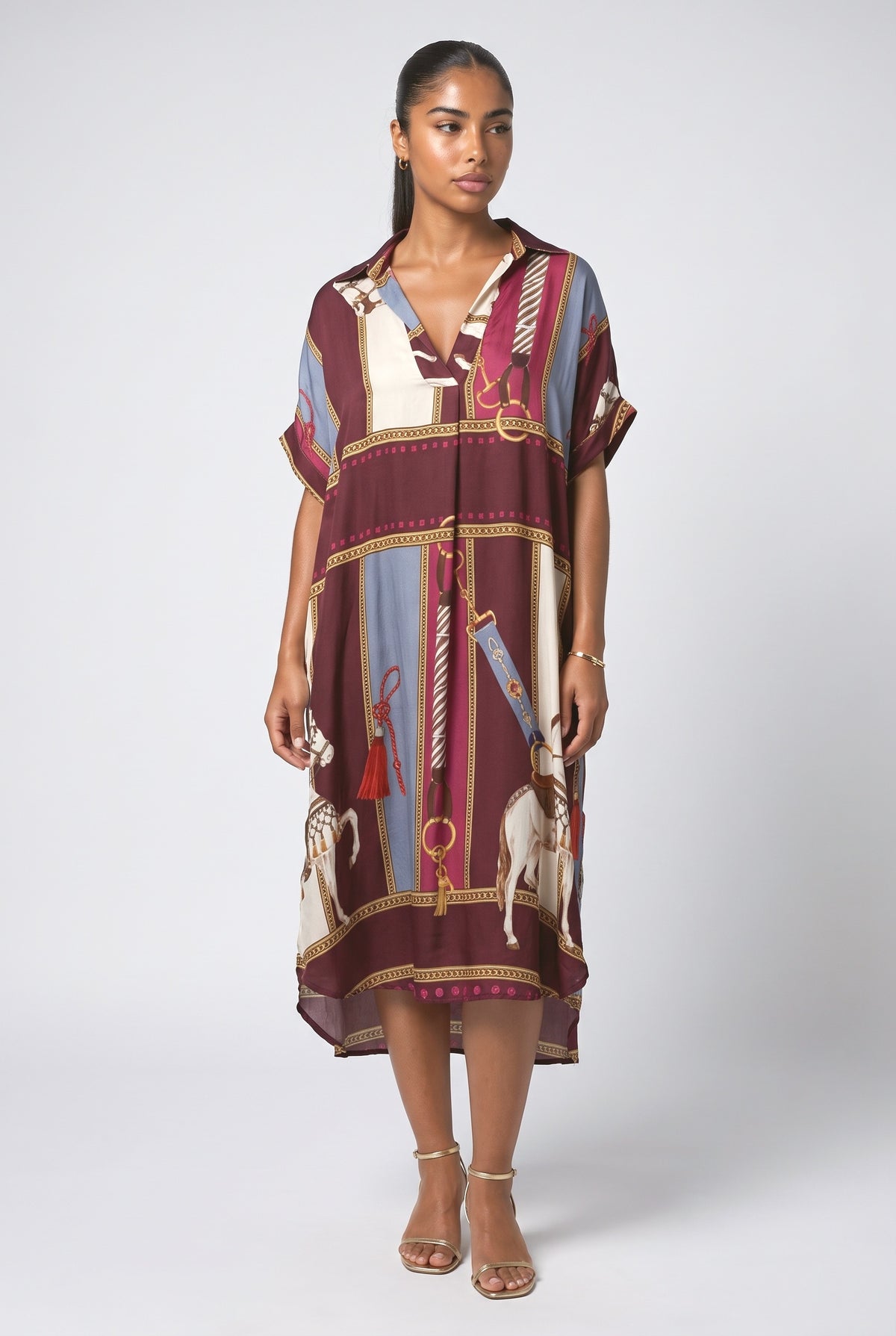 Equestrian Print Shirt Midi Dress, dark red