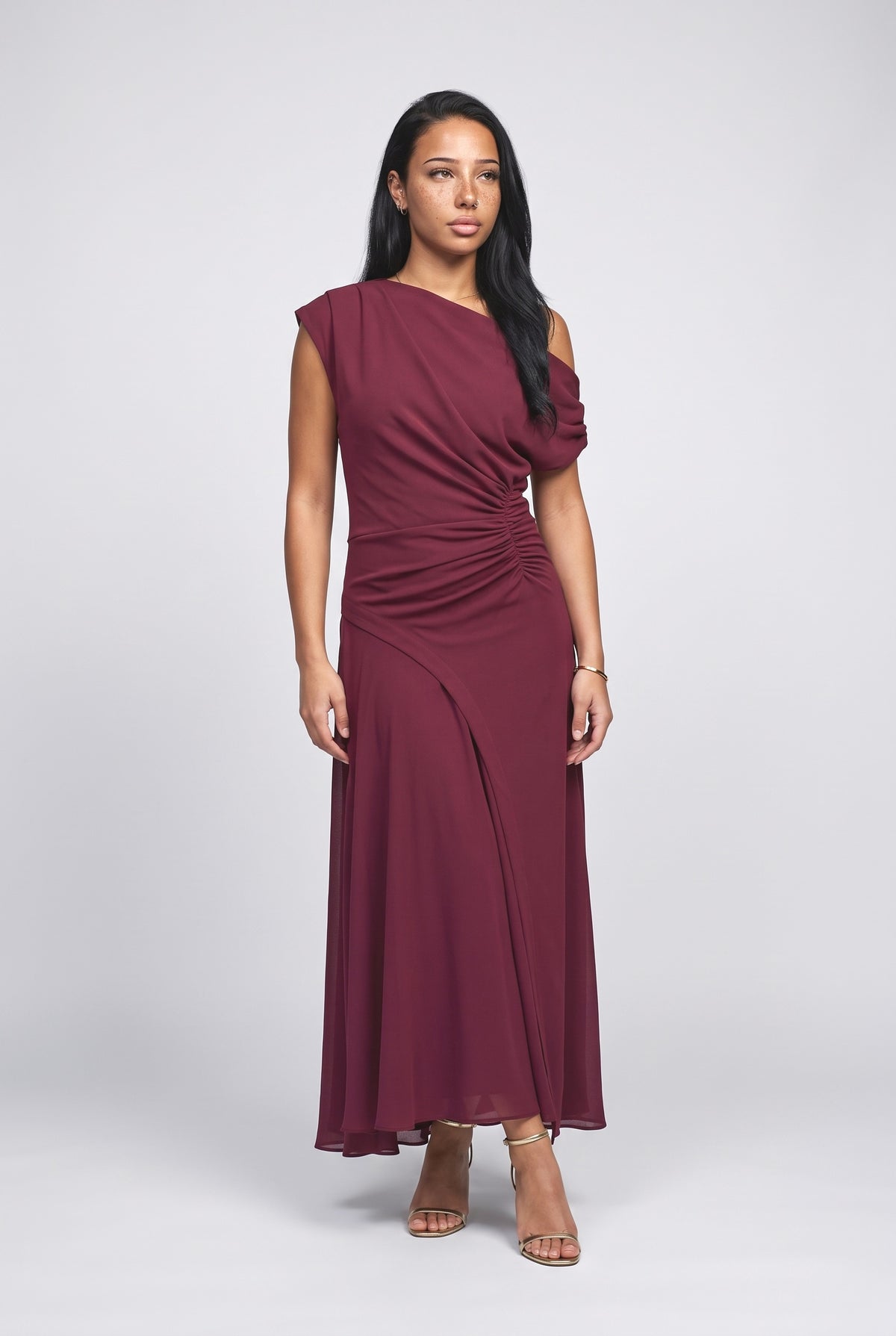Red Off-Shoulder Bodycon Maxi Dress, dark red