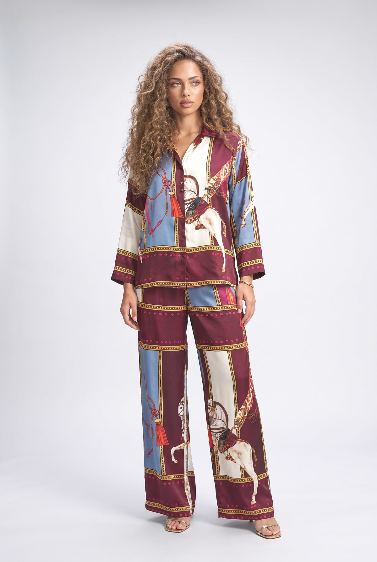 Equestrian Print Shirt & Wide-Leg Pants Two-Piece Set, dark red