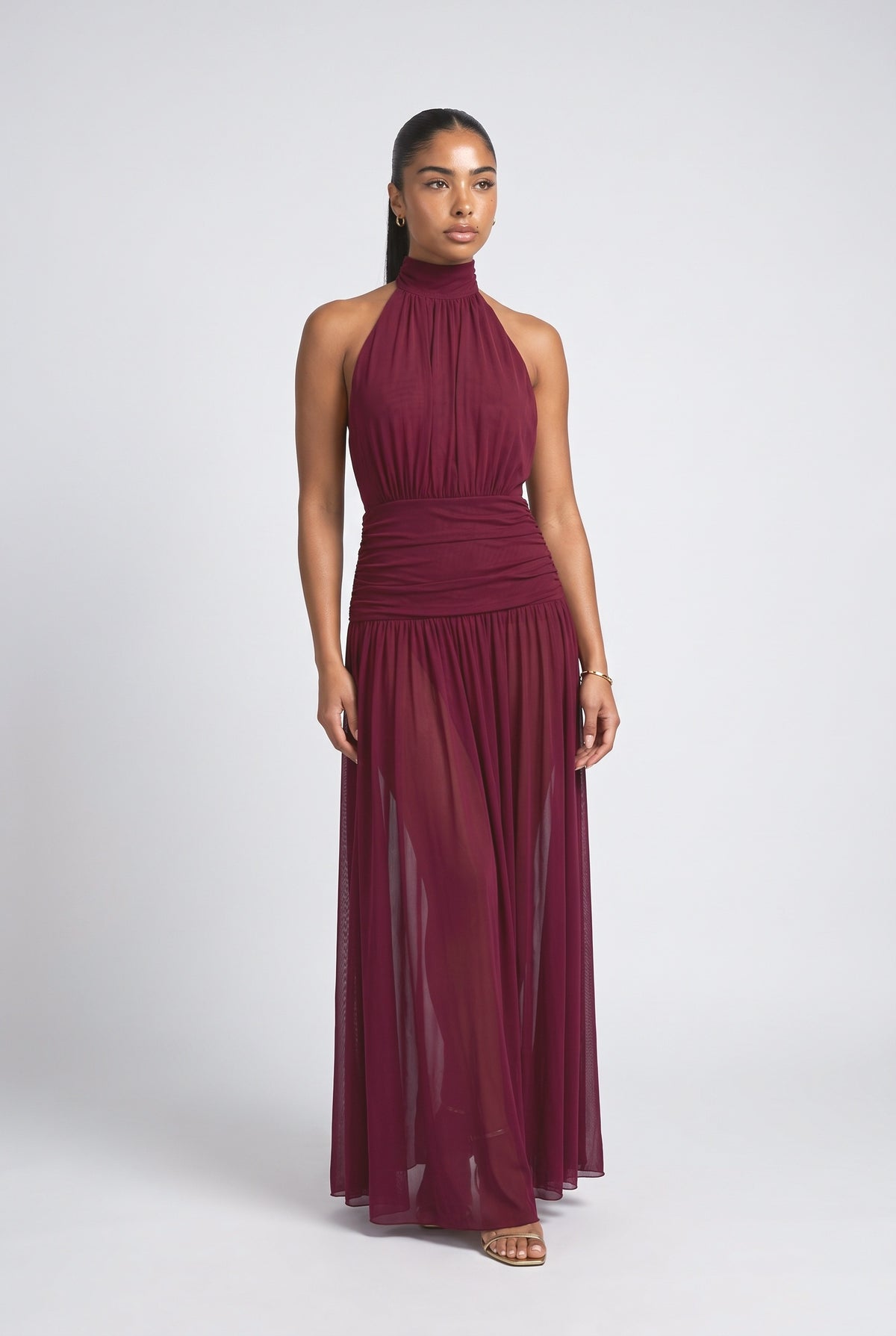 Mesh Halter Neck Ruffle Maxi Dress, dark red