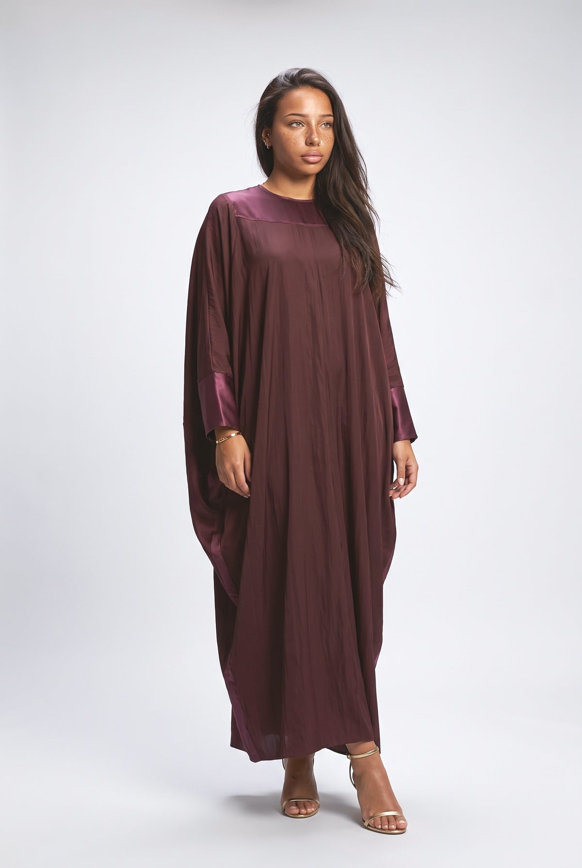 Burgundy Contrast Satin Maxi Kaftan Dress, dark red