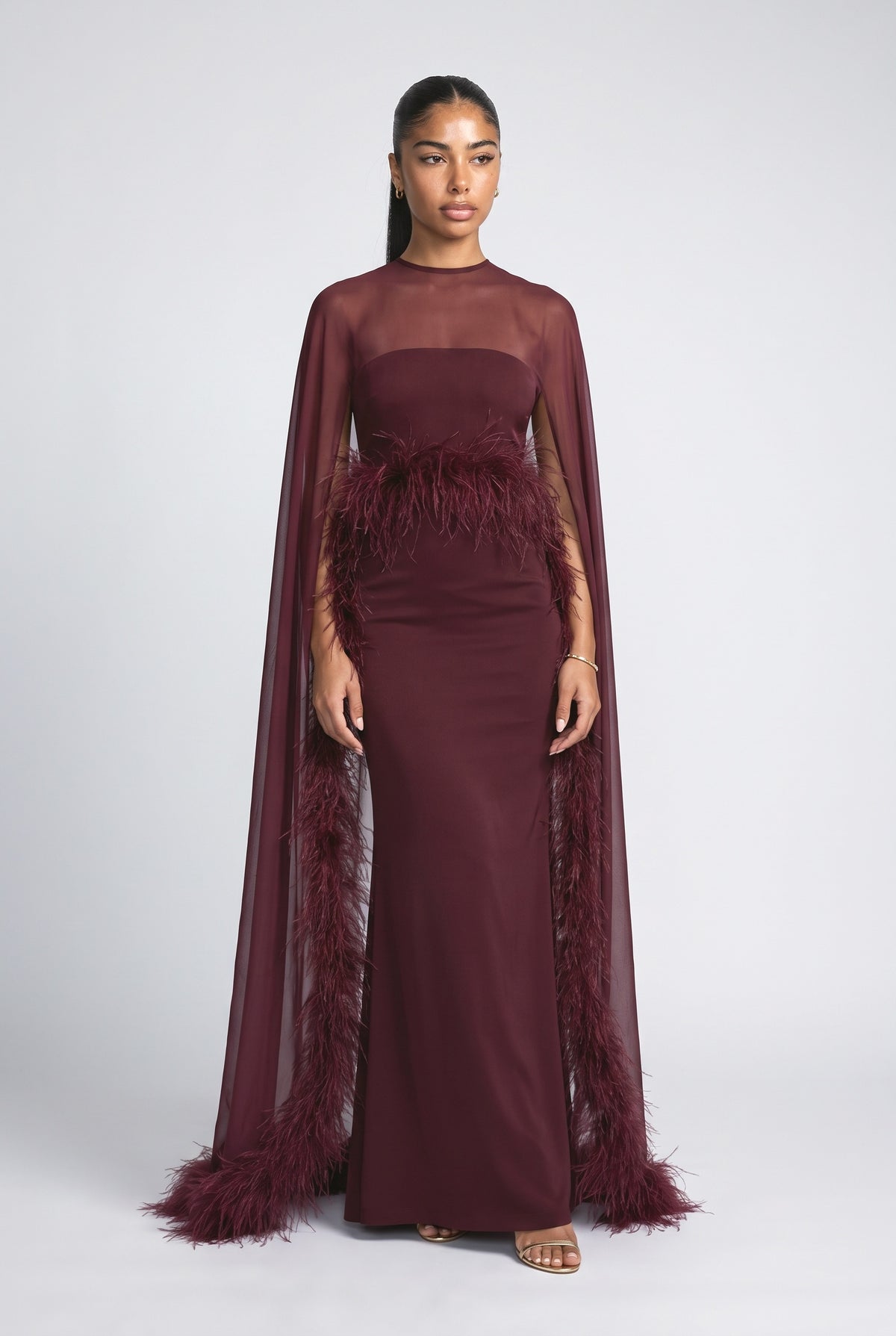 Satin Feather Trim Maxi Dress, dark red