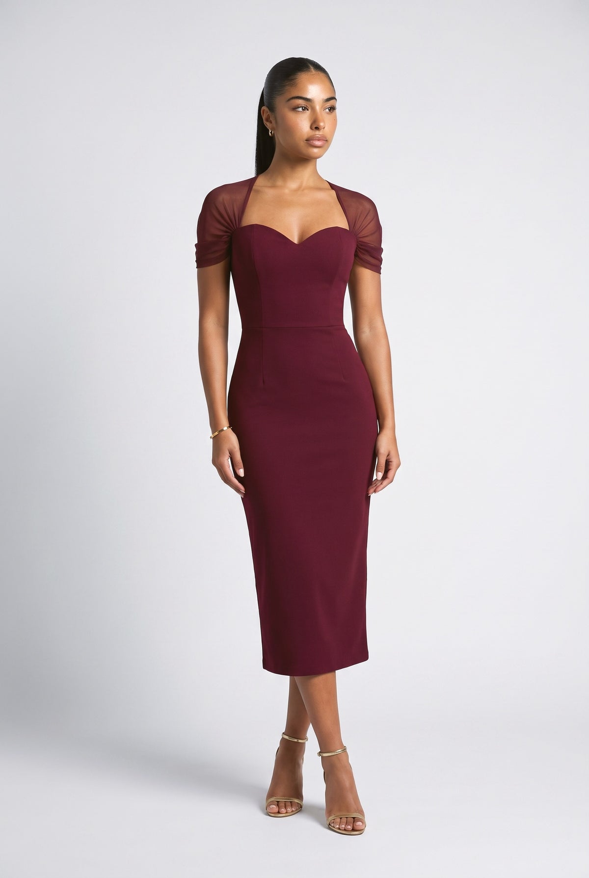 Mesh Sweetheart Bodycon Midi Dress, dark red