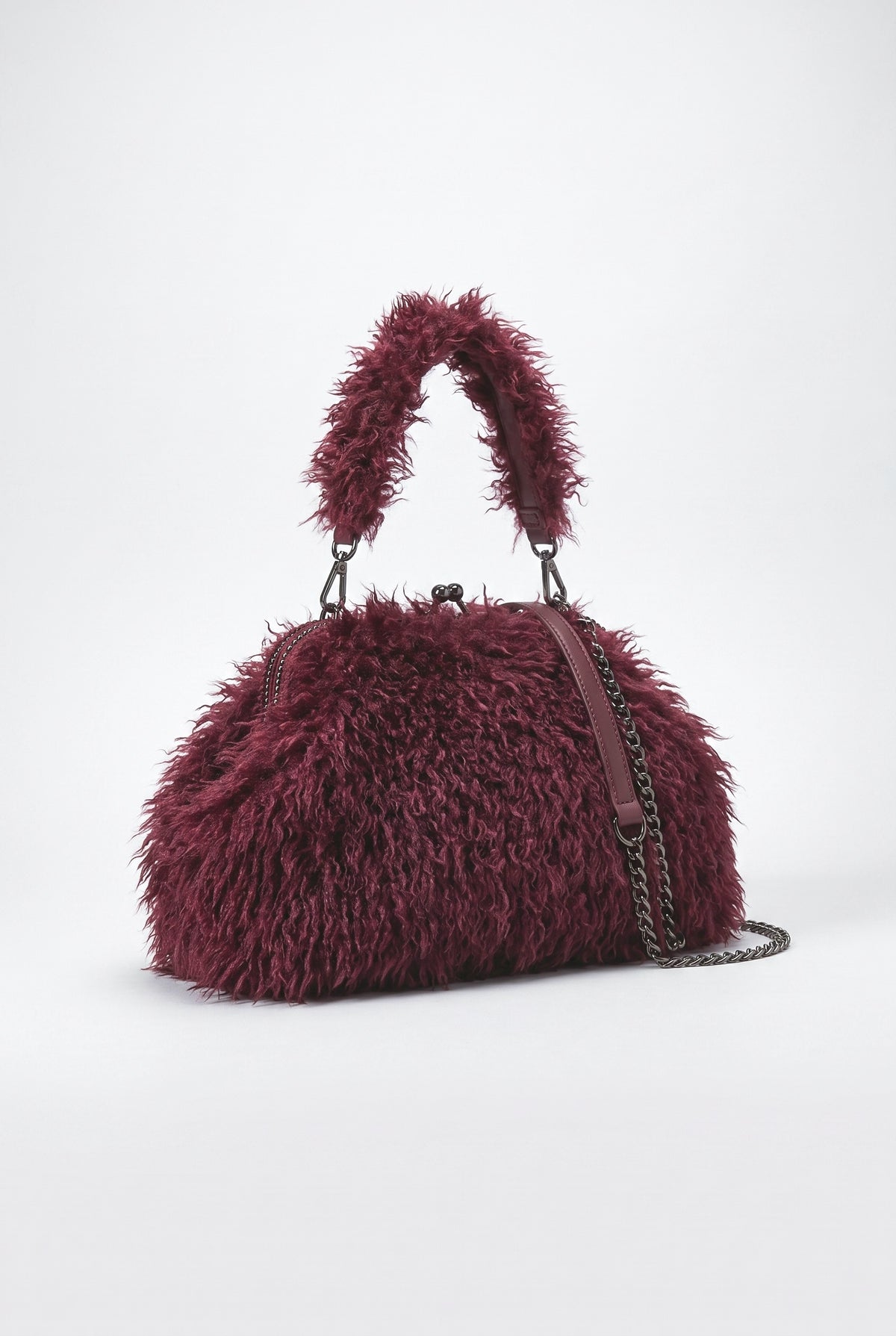 Long Curly Plush Oversized Clutch Bag, dark red