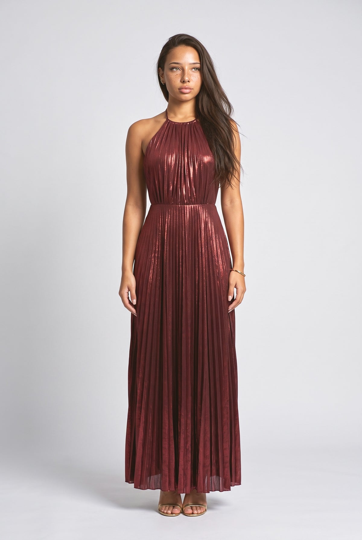 Metallic Pleated Halter Neck Maxi Dress, dark red