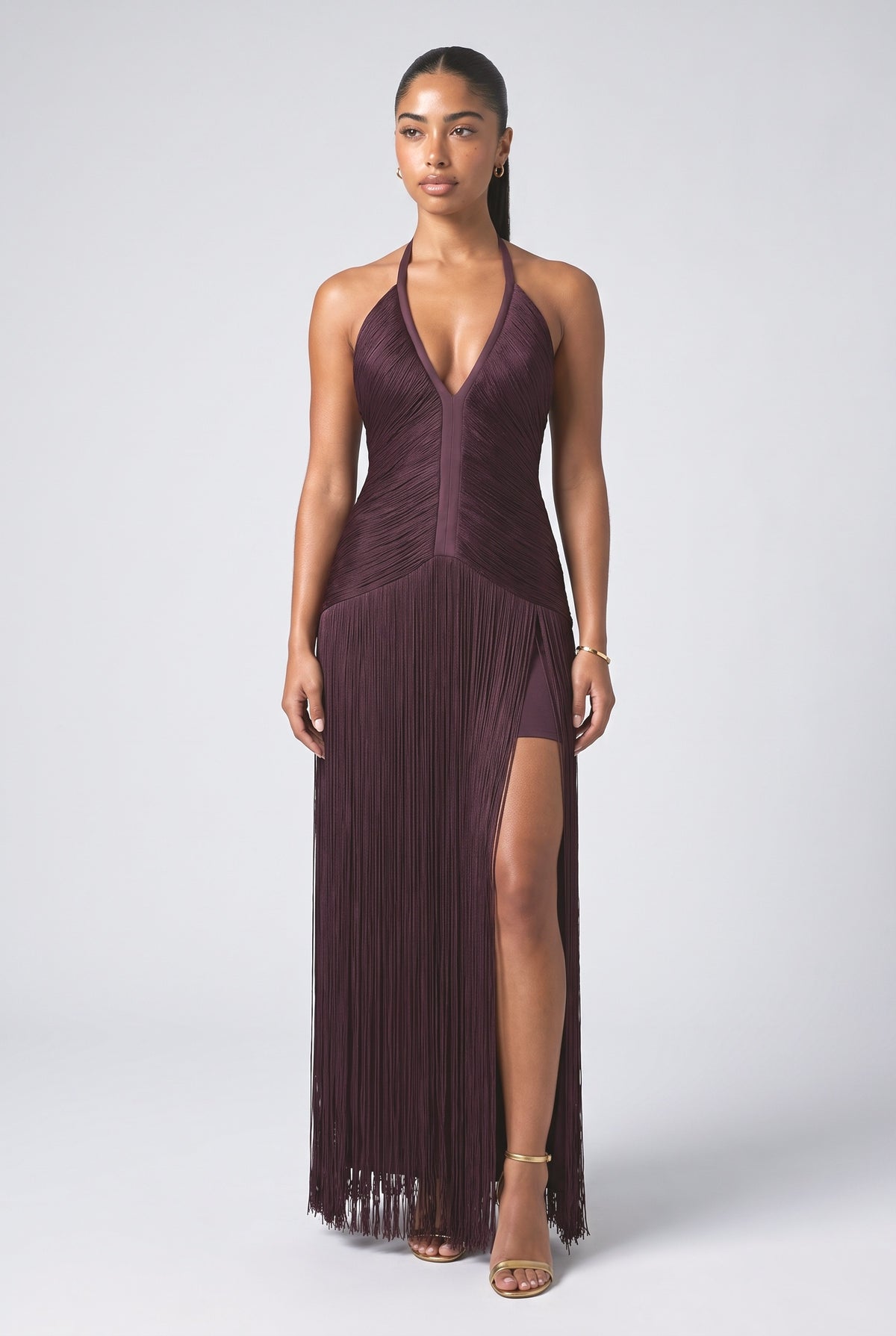 Red Halter Neck Fringe Maxi Dress, dark red