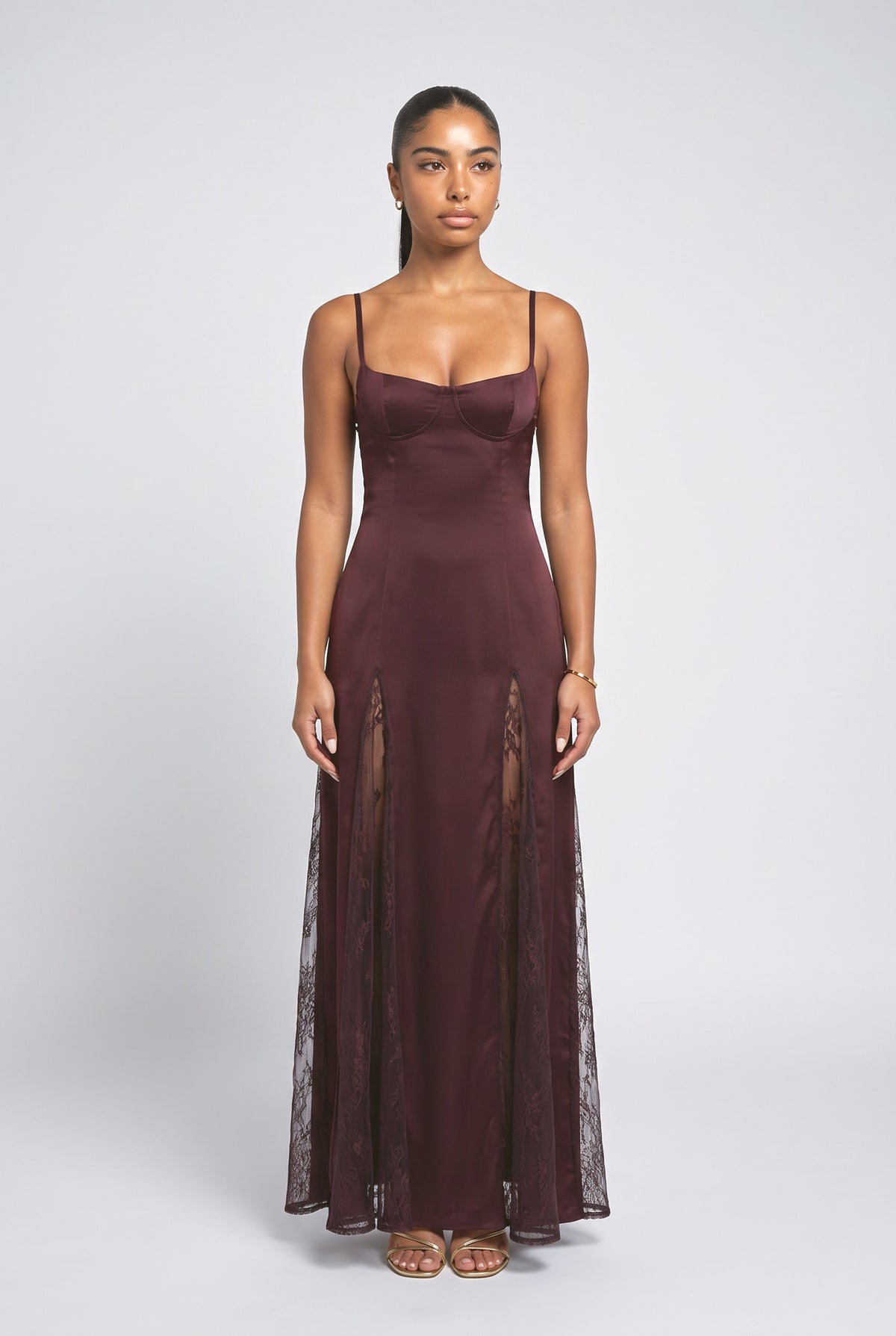 Satin Strappy Maxi Dress, dark red