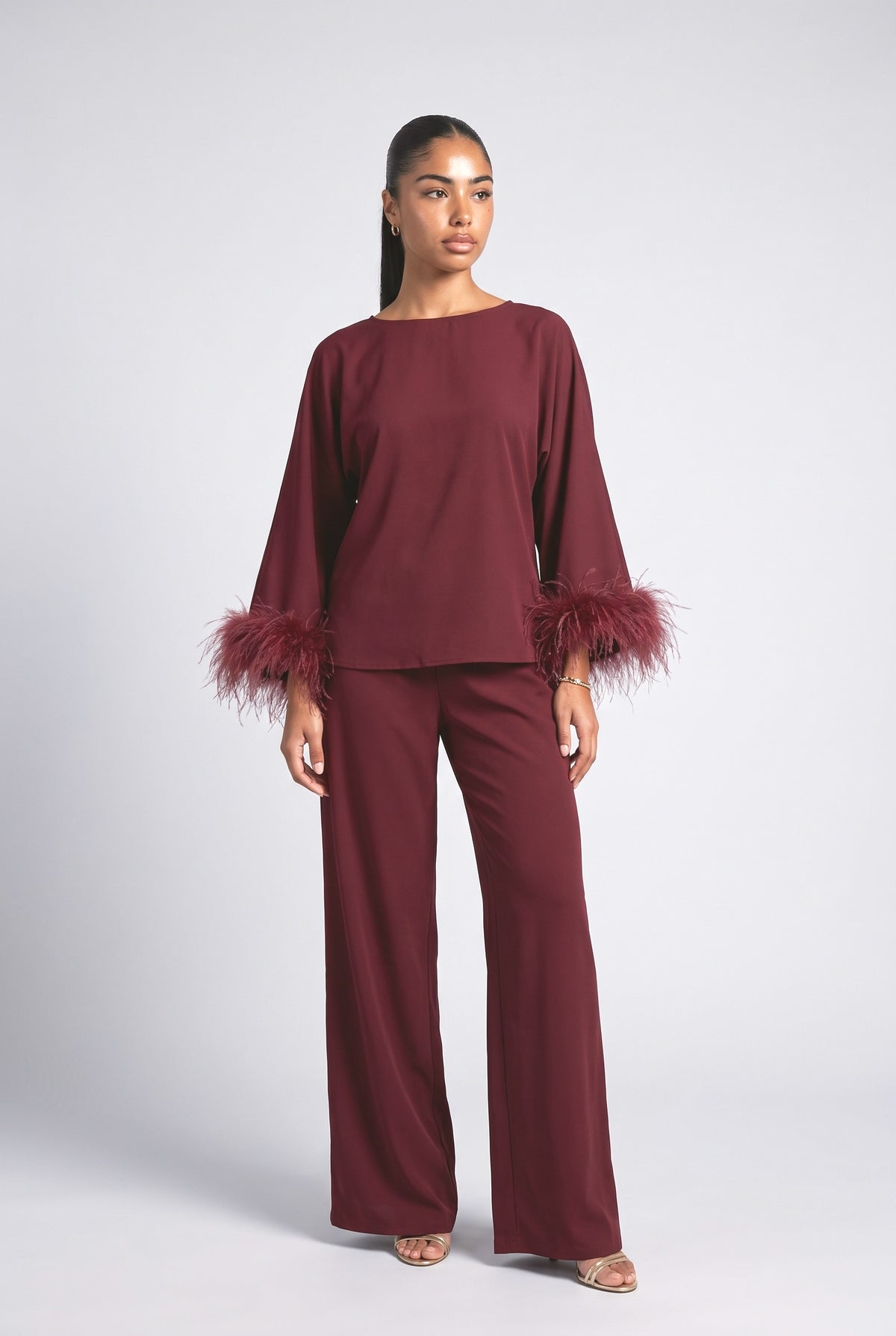 Batwing Sleeve Feather Trim Outfit Set, dark red