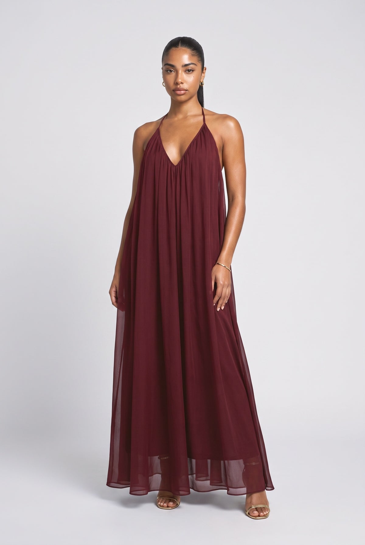 Chiffon V-Neck Flowy Maxi Dress, deep red