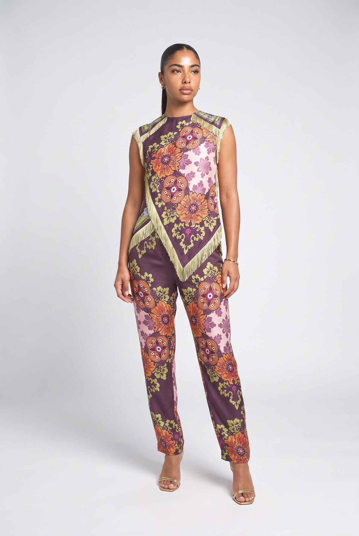 Floral Print Tassel Vest Two-Piece Set, deep red