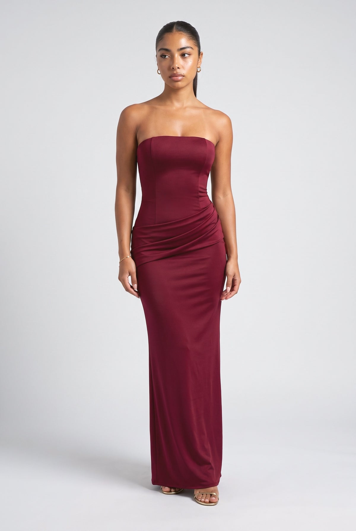 Satin Strapless Draped Maxi Dress, deep red