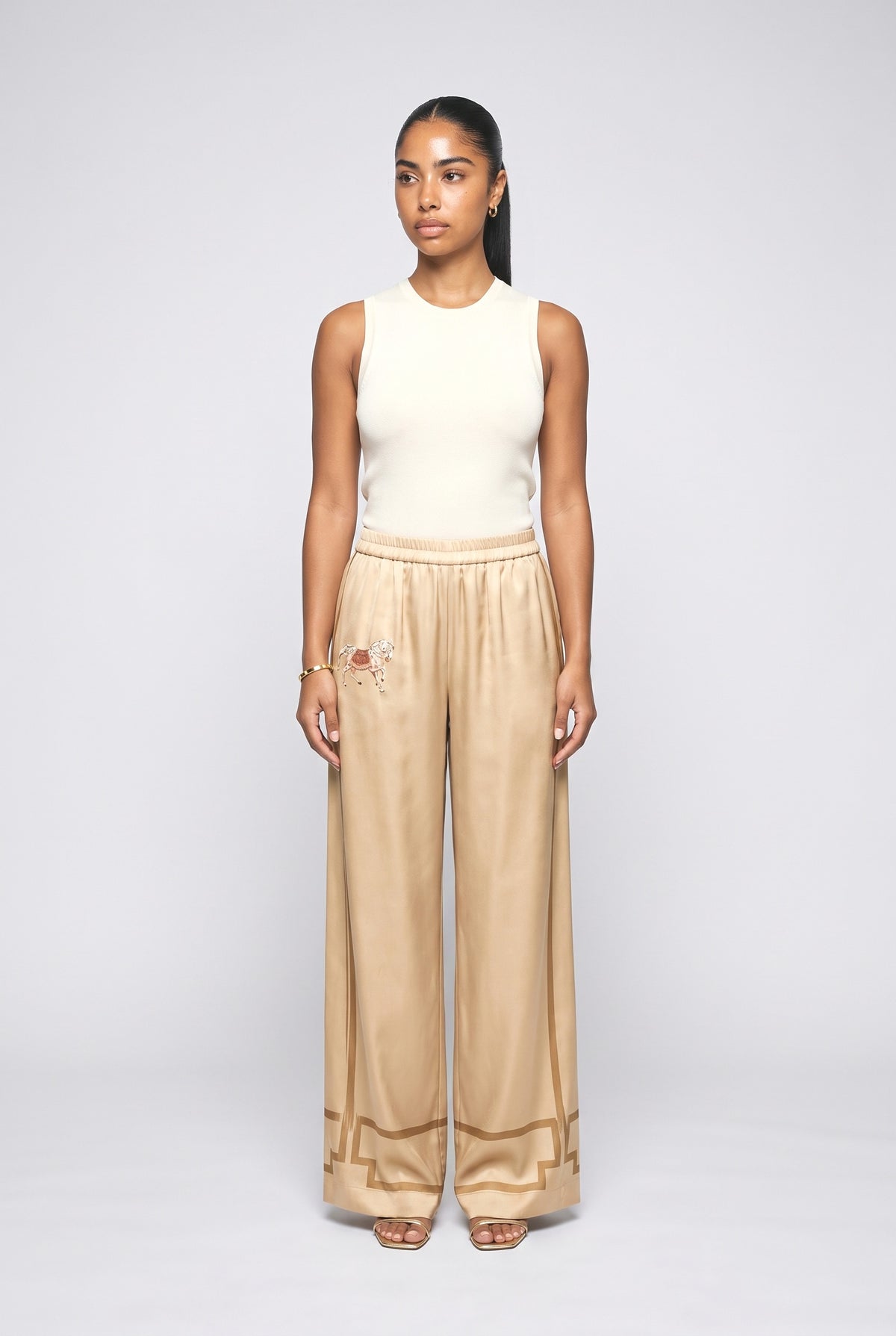 Satin Horse Print Wide-Leg Pants, gold pants