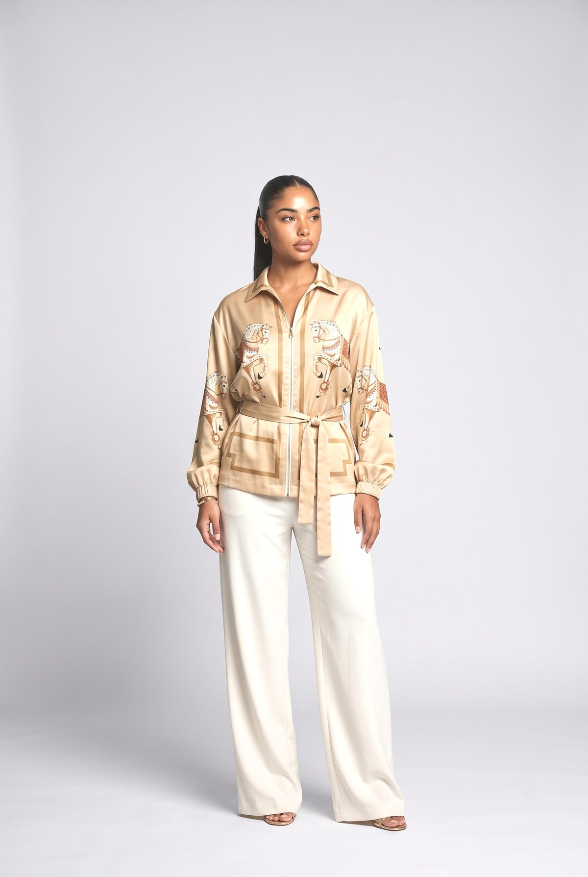 Satin Horse Print Zip-Up Shirt, gold pants