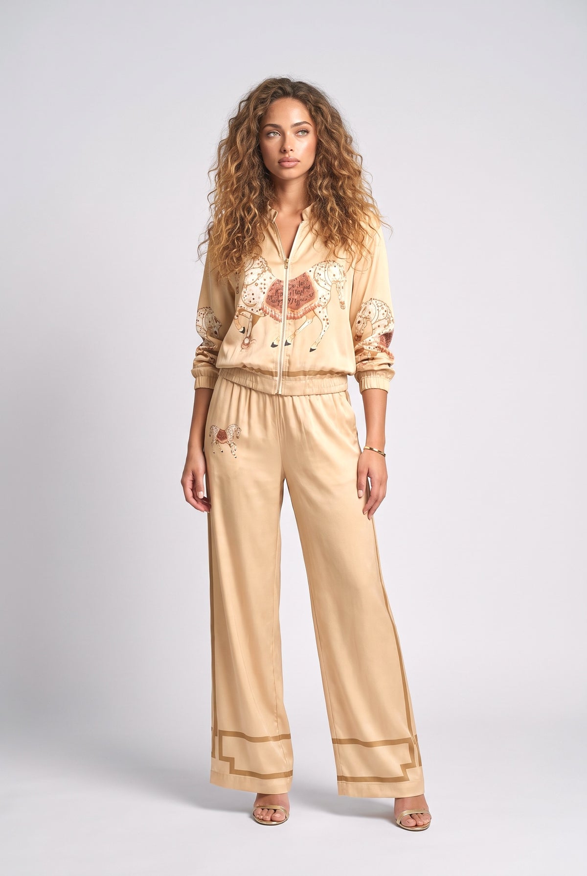 Satin Horse Print Zip Jacket & Wide-Leg Pants Two-Piece Set, gold set