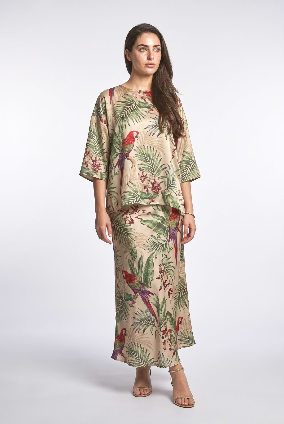 Parrot and Palm Leaf Print Two-Piece Set, gold set