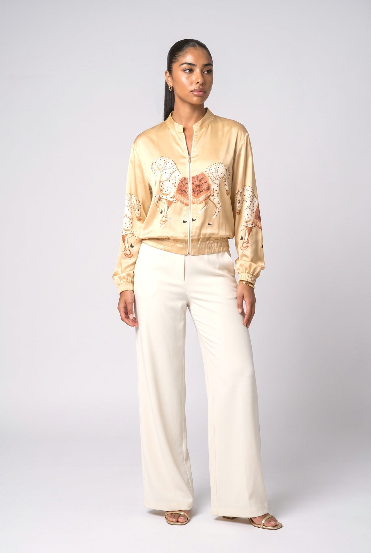 Satin Horse Print Zip-Up Shirt, gold set