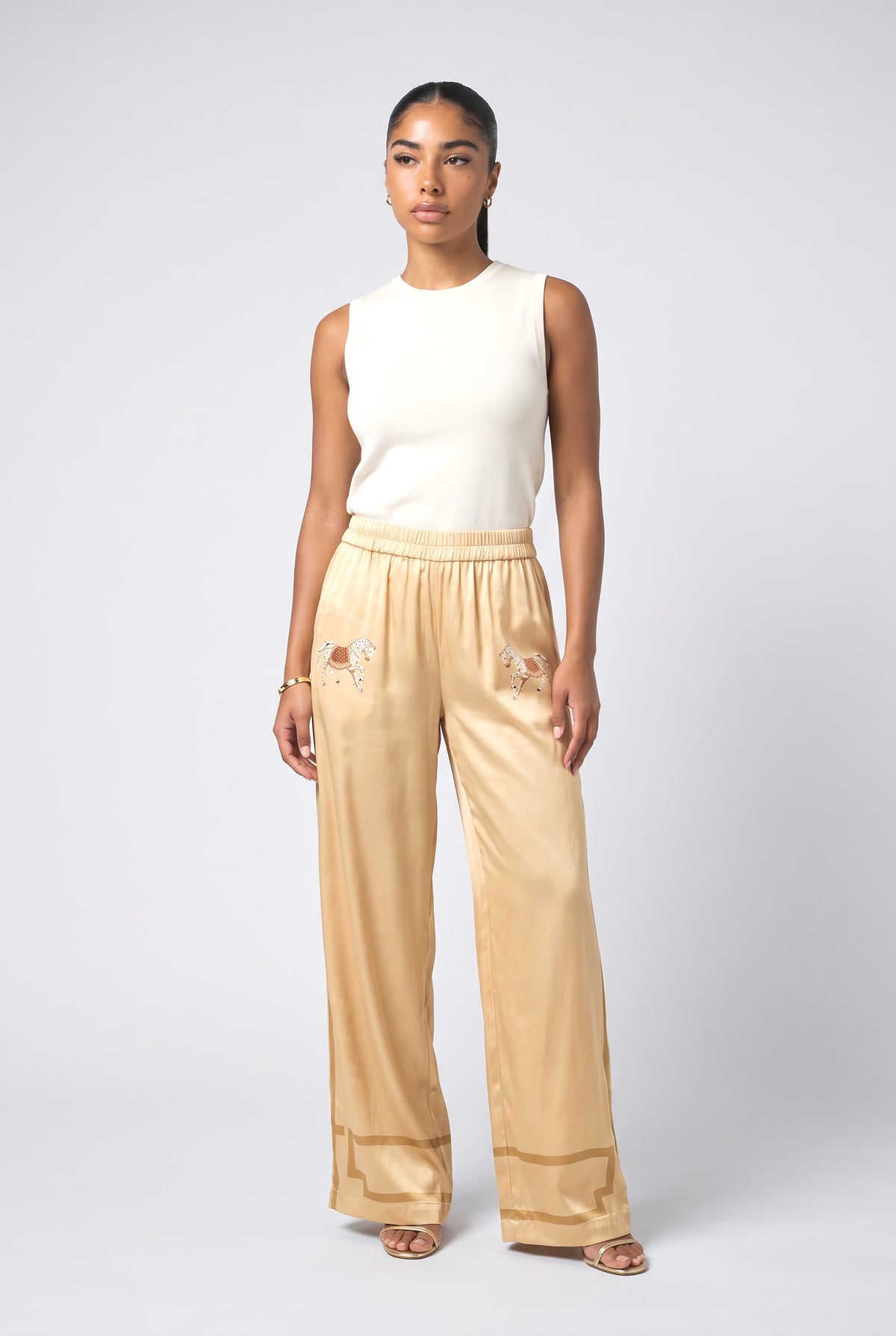 Satin Horse Print Wide-Leg Pants, gold set