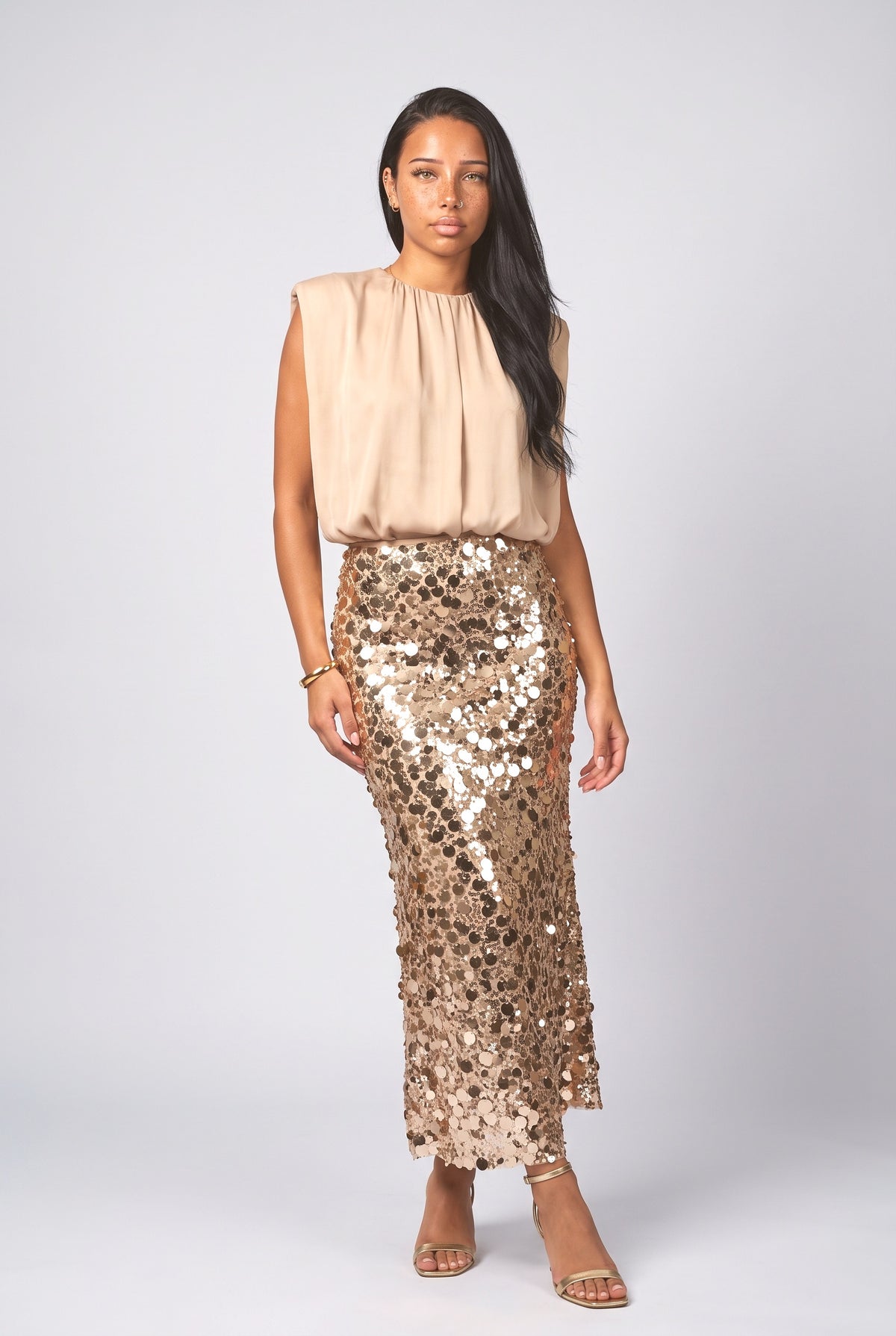 Sequin Sleeveless Outfit Set, gold skirt
