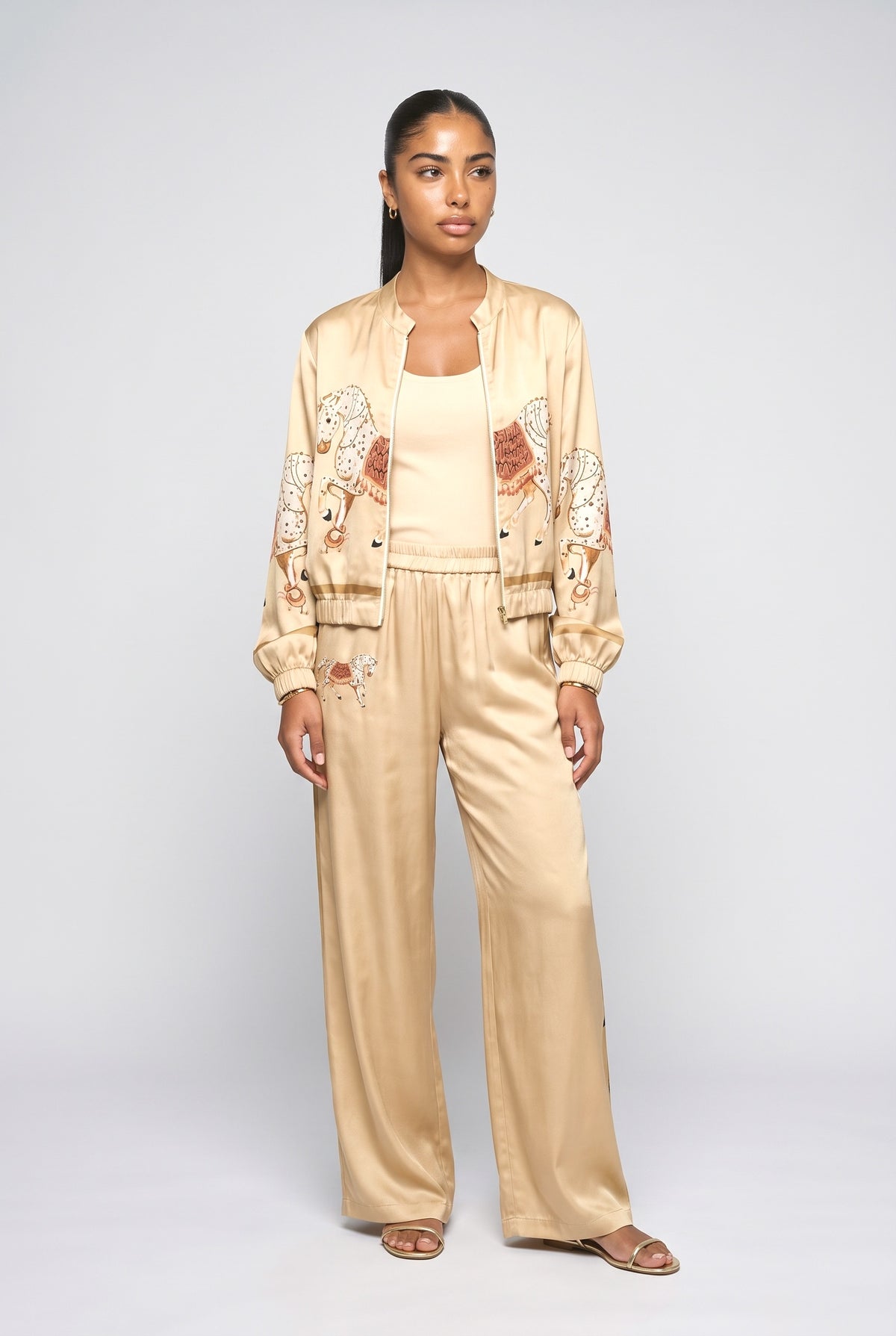 Satin Horse Print Wide-Leg Pants, gold top