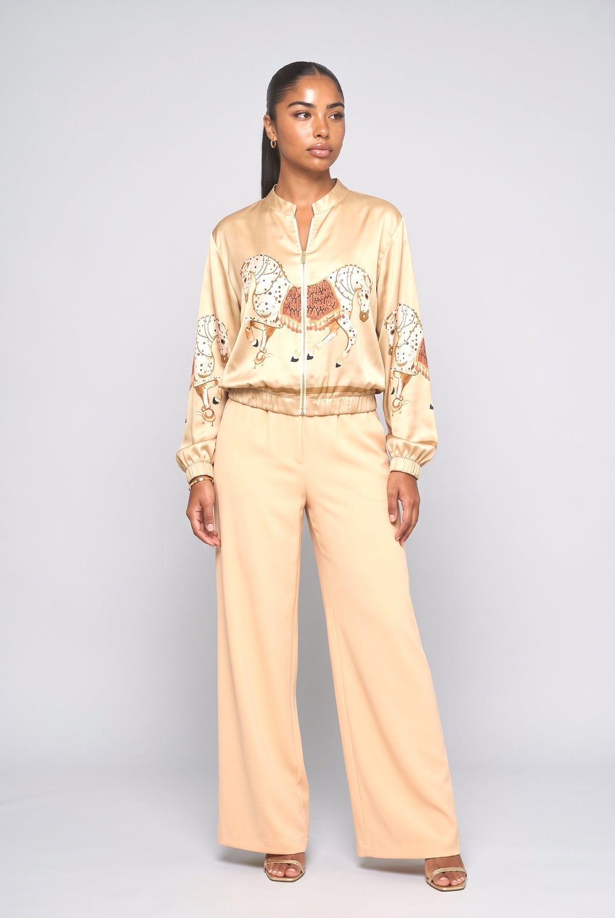 Satin Horse Print Zip-Up Shirt, gold top