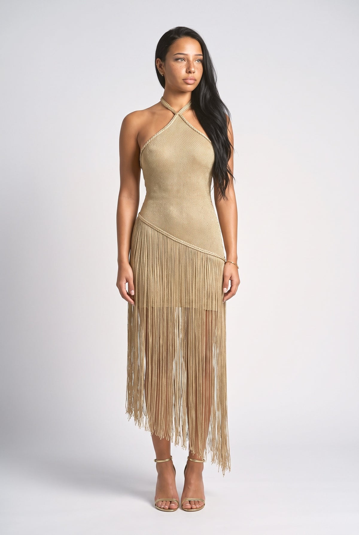 Gold Knit Backless Maxi Dress, gold