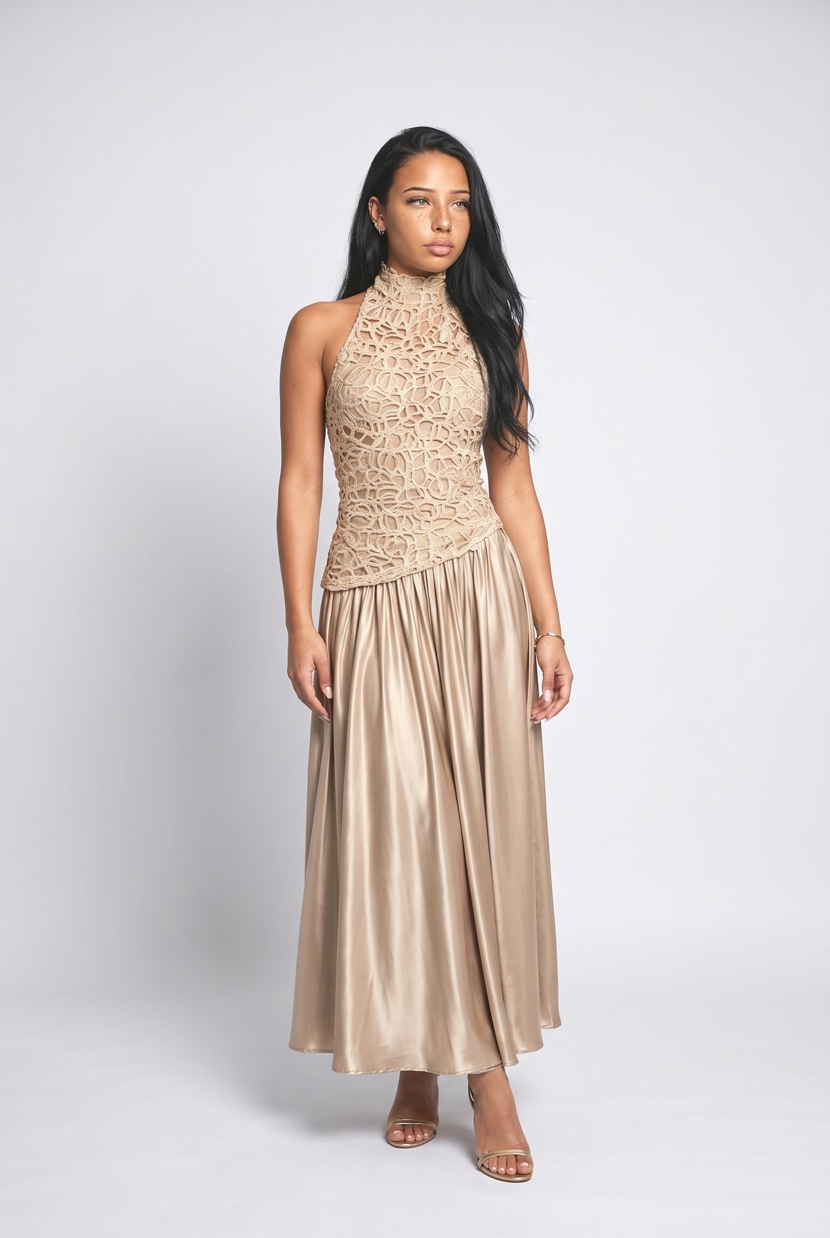Gold Satin Backless Maxi Dress, gold