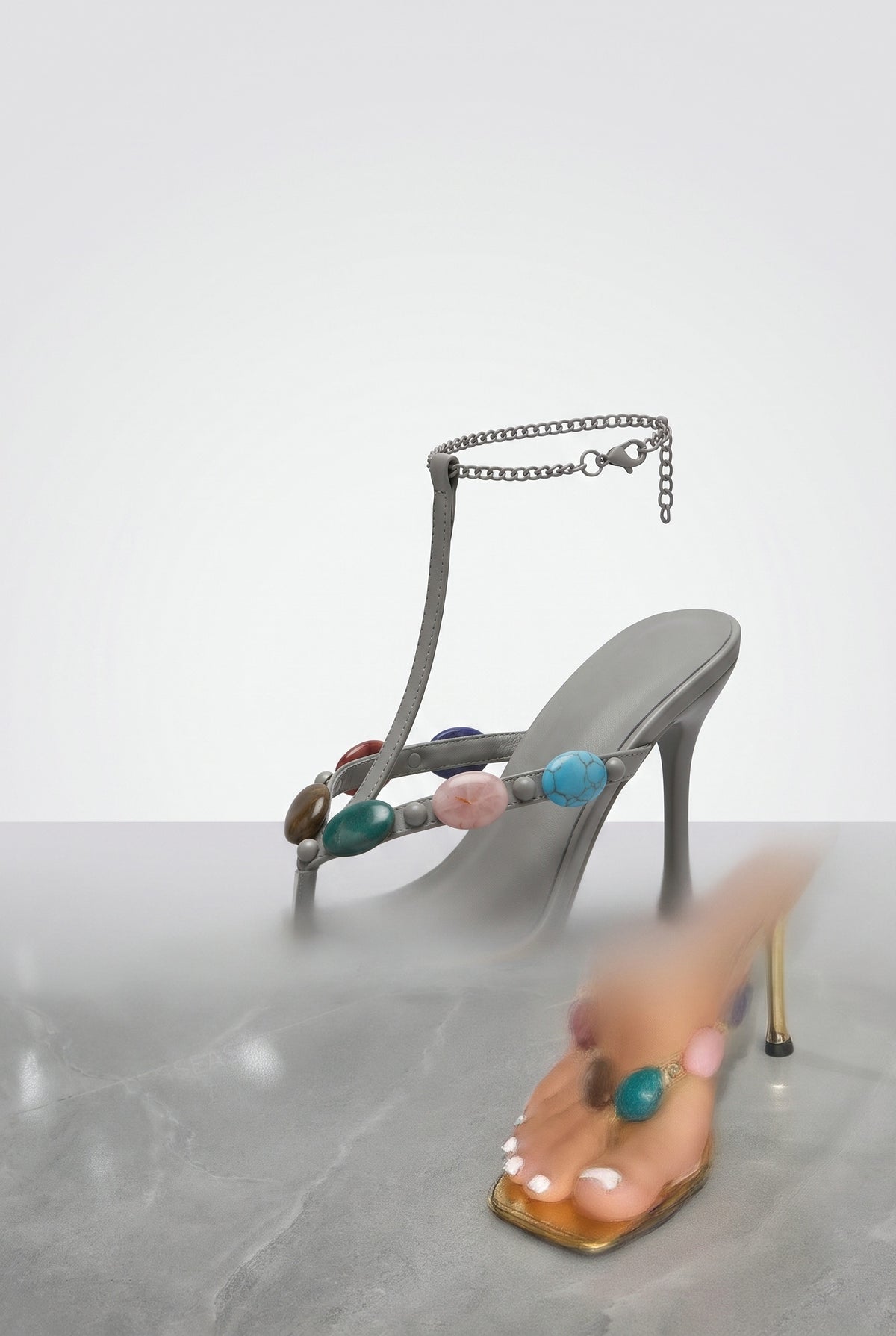 Square-Toe Gemstone T-Strap Stiletto Heeled Sandals, gold