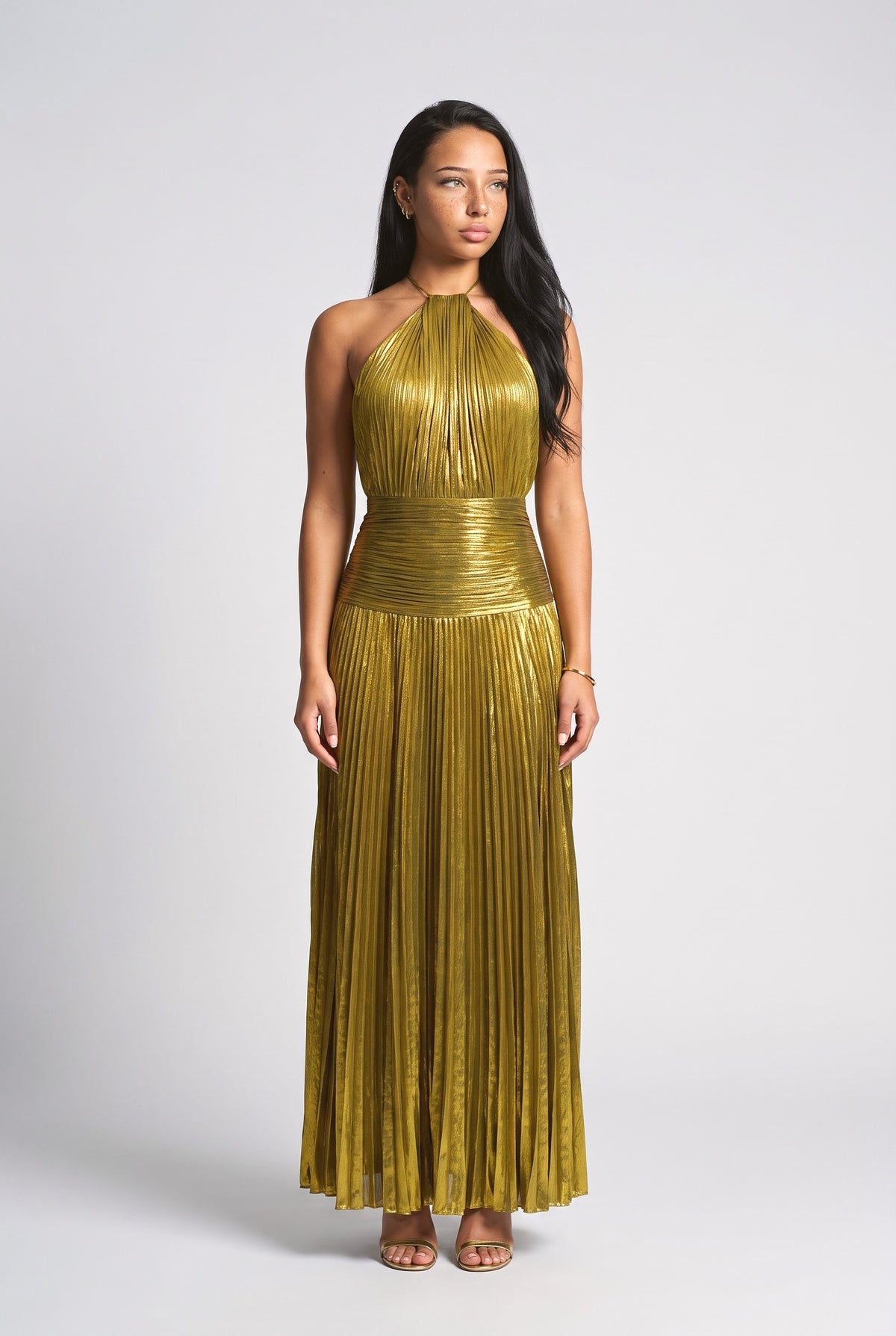 Metallic Pleated Halter Neck Maxi Dress, gold