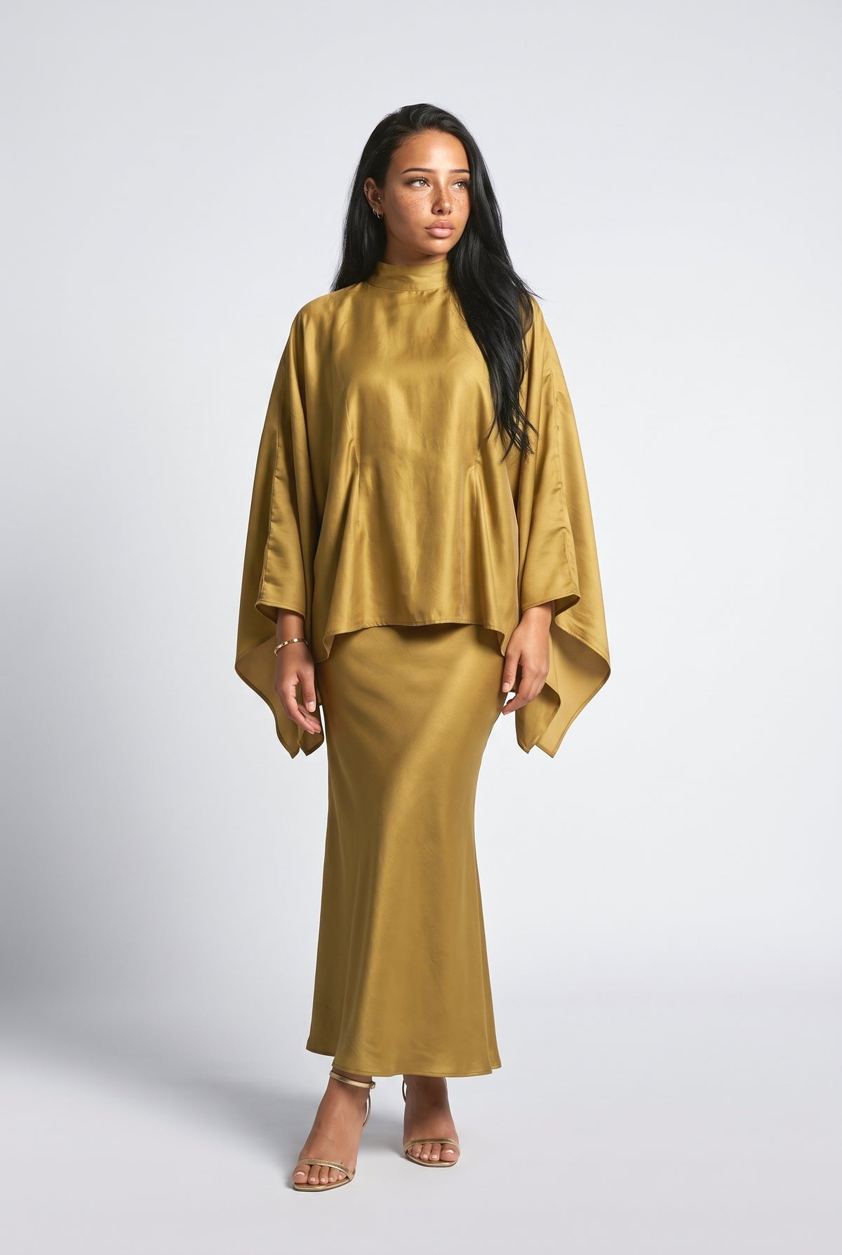 Gold Satin Batwing Sleeve Mermaid Outfit Set, gold