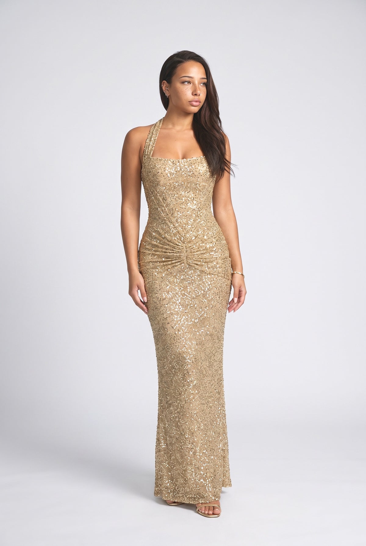 Sequin Halter Neck Party Maxi Dress, gold