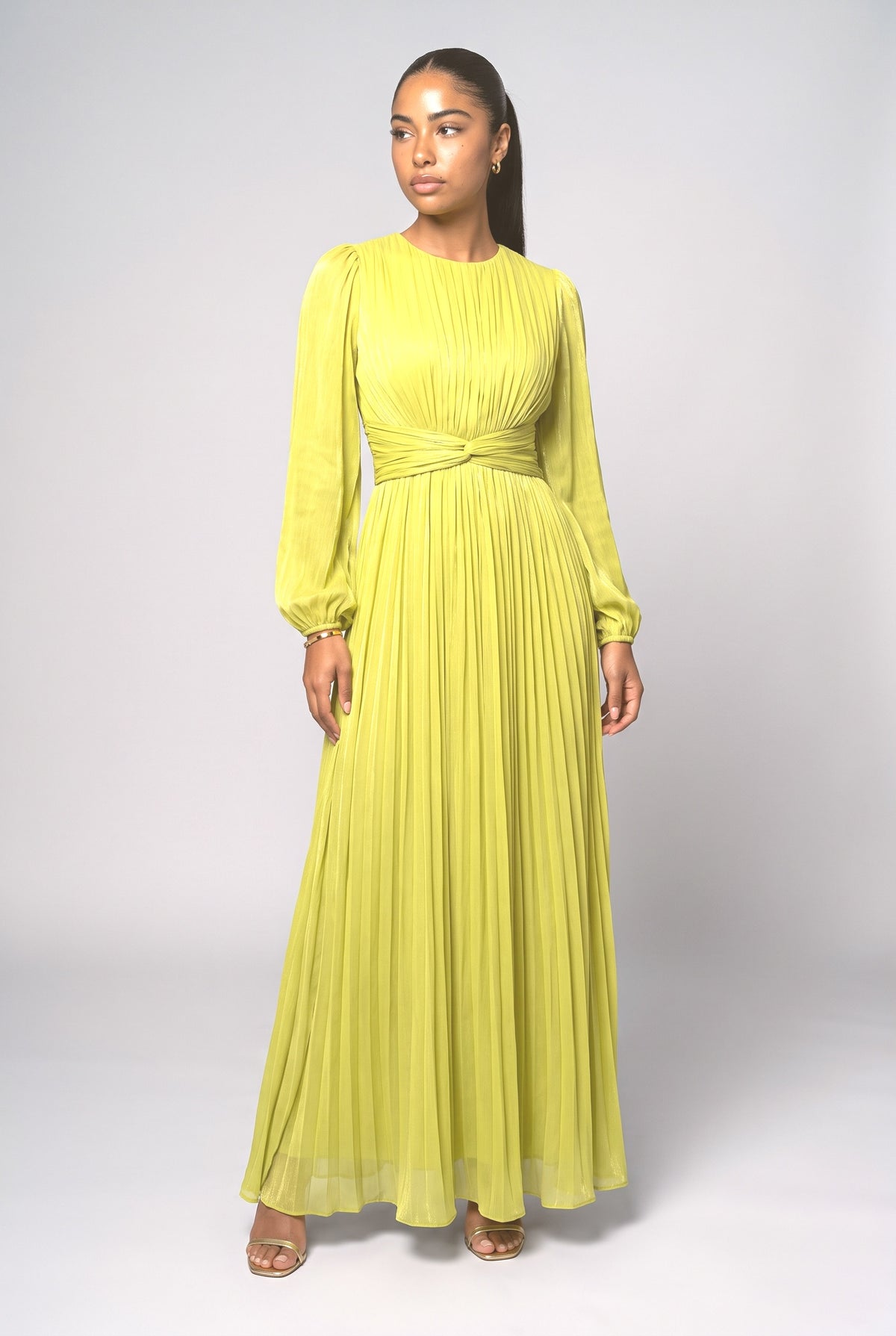 Pleated Waist Long-Sleeved Chiffon Evening Maxi Dress, gold