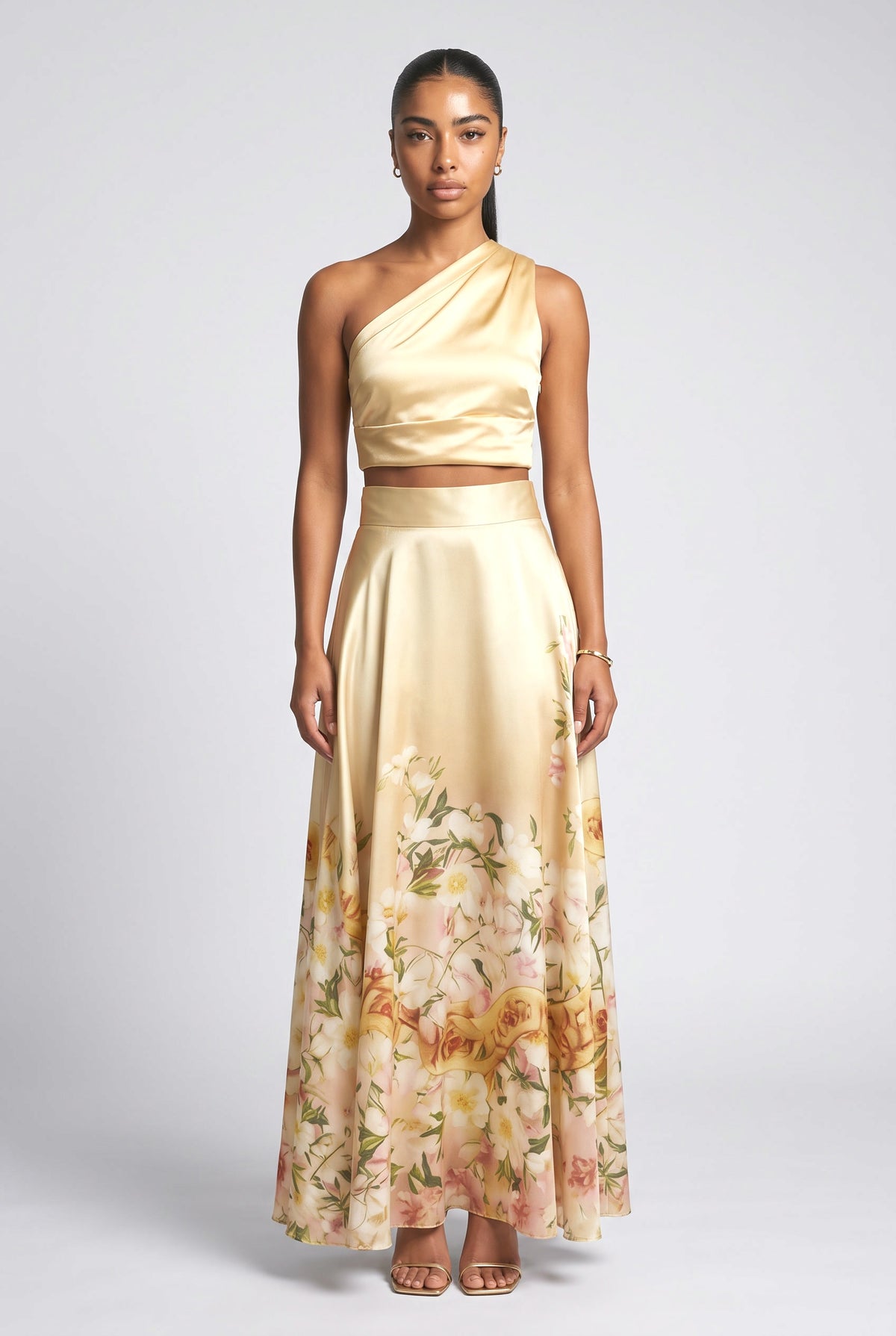Gold Floral Satin One-Shoulder Outfit Set, gold