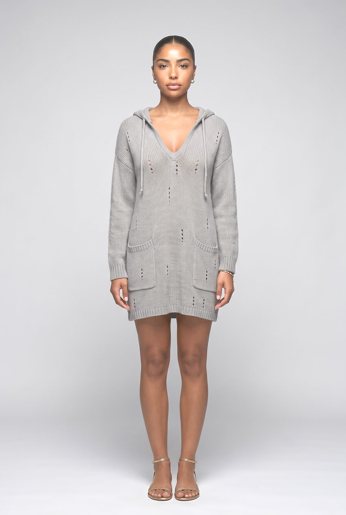 Gray Knit Long Sleeve Mini Dress, gray