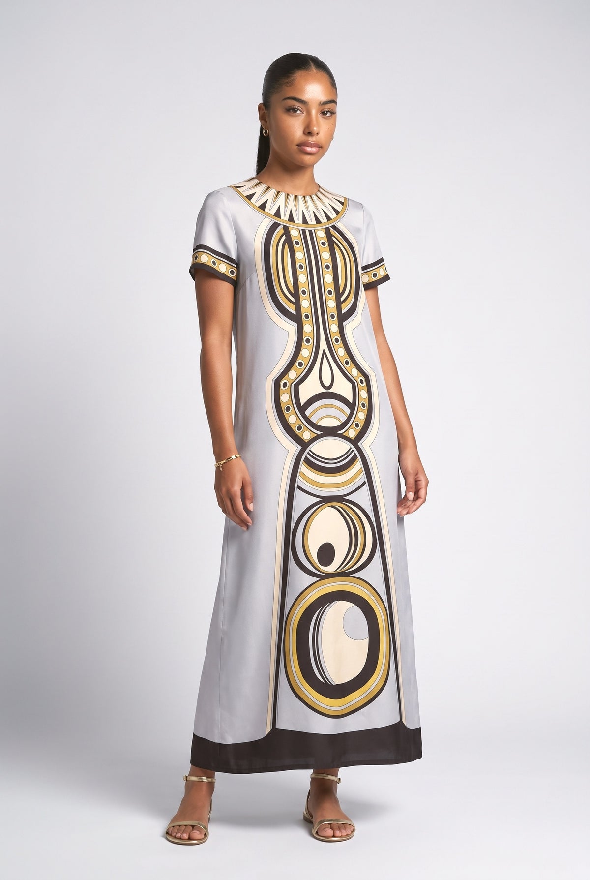 Gray Geometric Short Sleeve Maxi Dress, gray