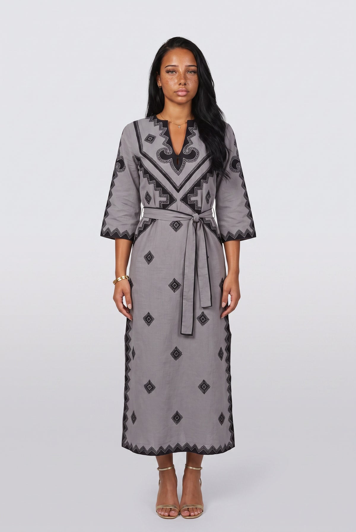 Bohemian Style Print Belted Midi Dress, gray