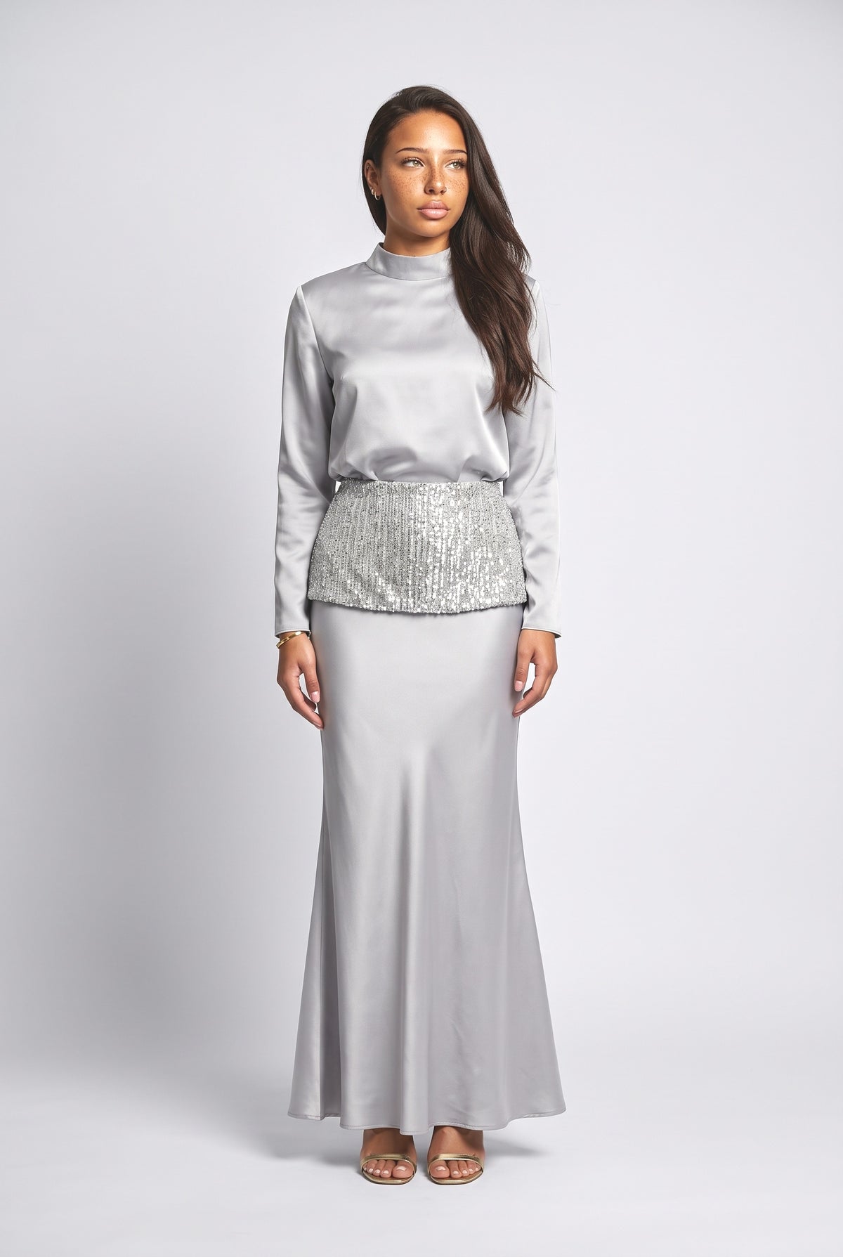 Gray Satin Mermaid Outfit Set, gray