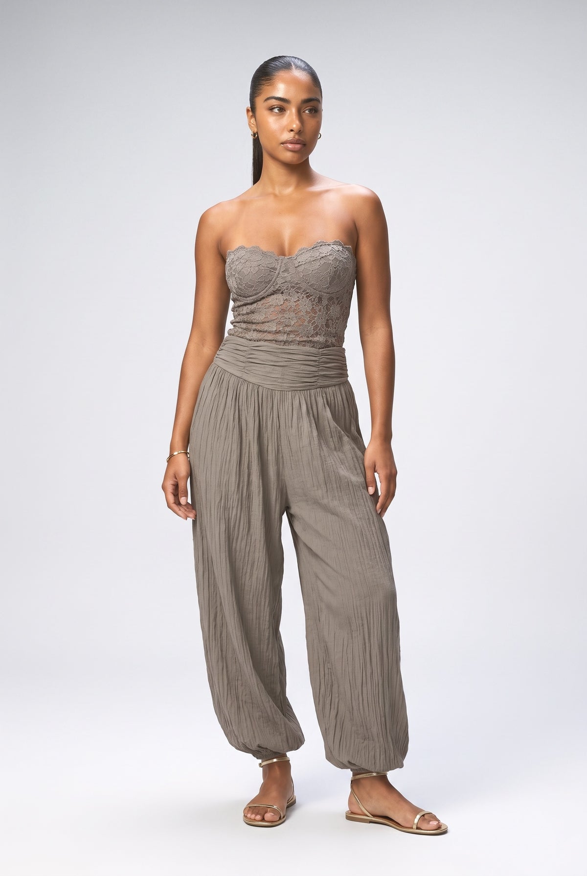 Gray Lace Strapless Ruched Outfit Set, gray