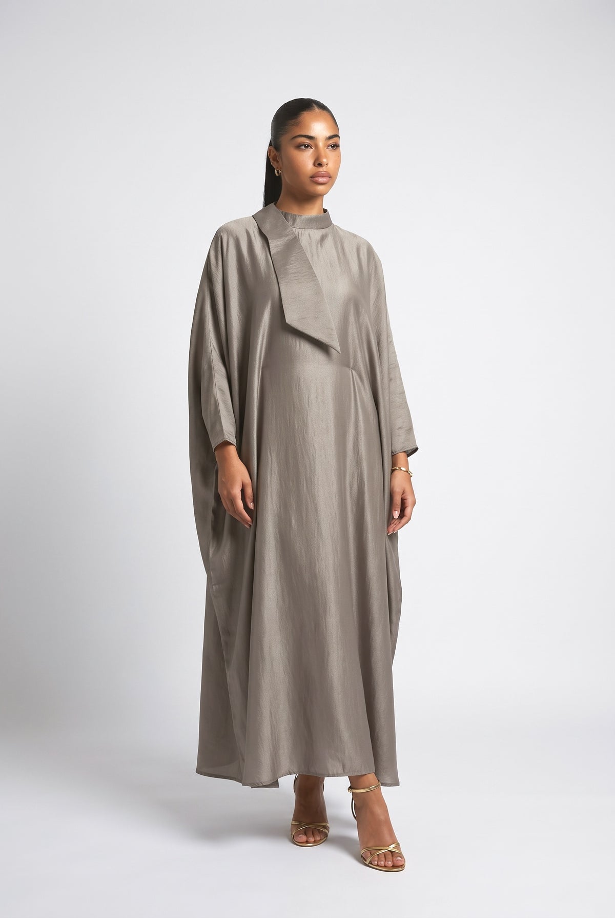 Shimmer Satin Batwing Sleeve Kaftan Maxi Dress, gray