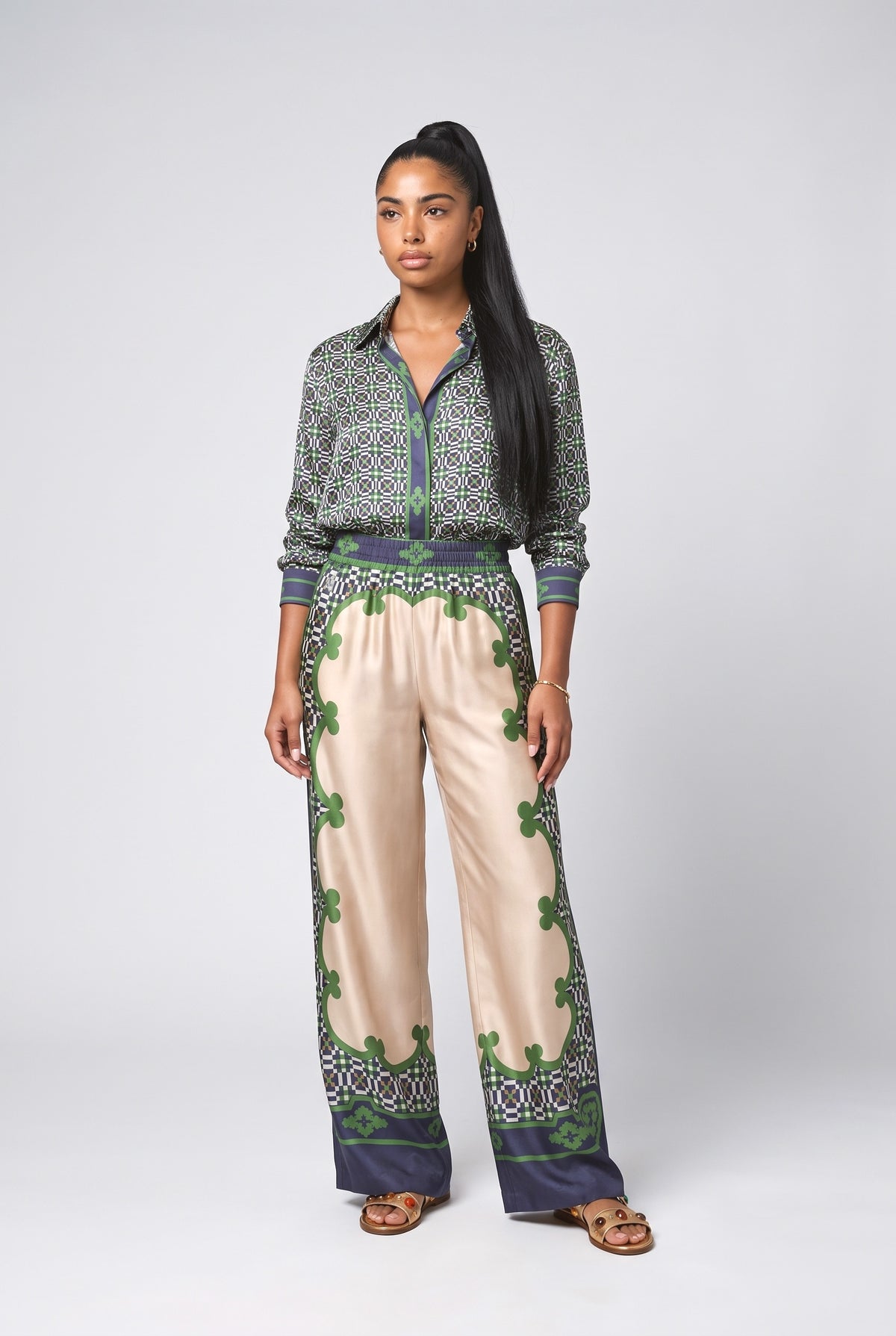 Geometric Satin Top, green pants