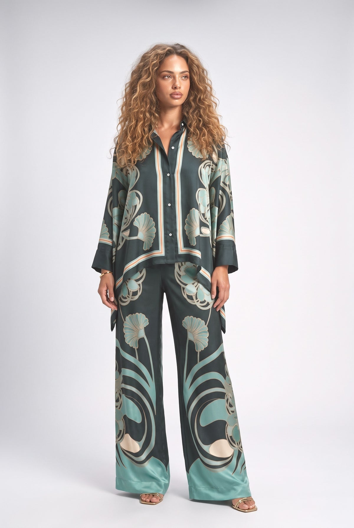 Abstract Satin Outfit Set, green pants