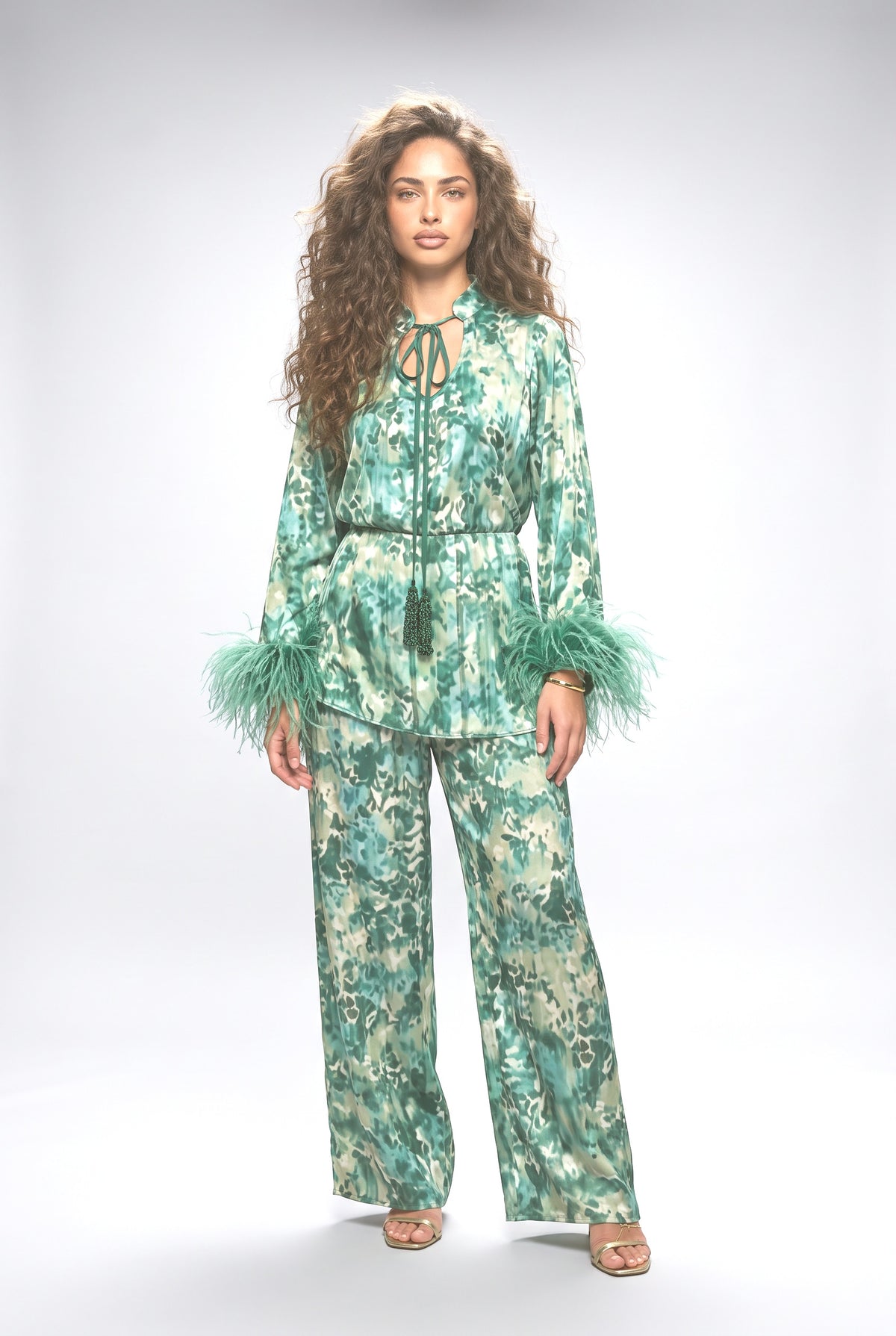 Green Feather Trim Outfit Set, green set