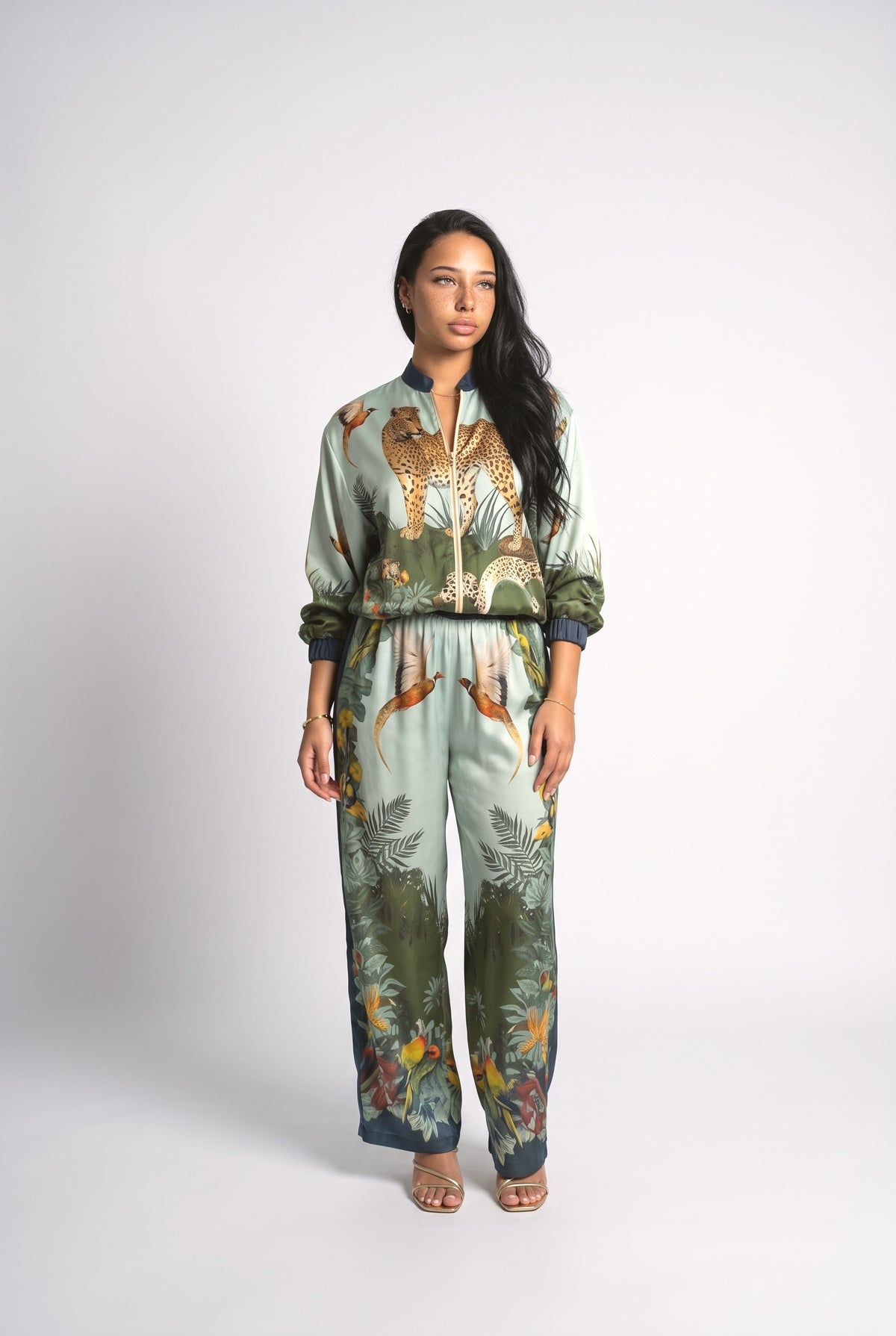 Exotic Jungle Print Zip-Up Shirt & Wide Leg Pants Set, green set
