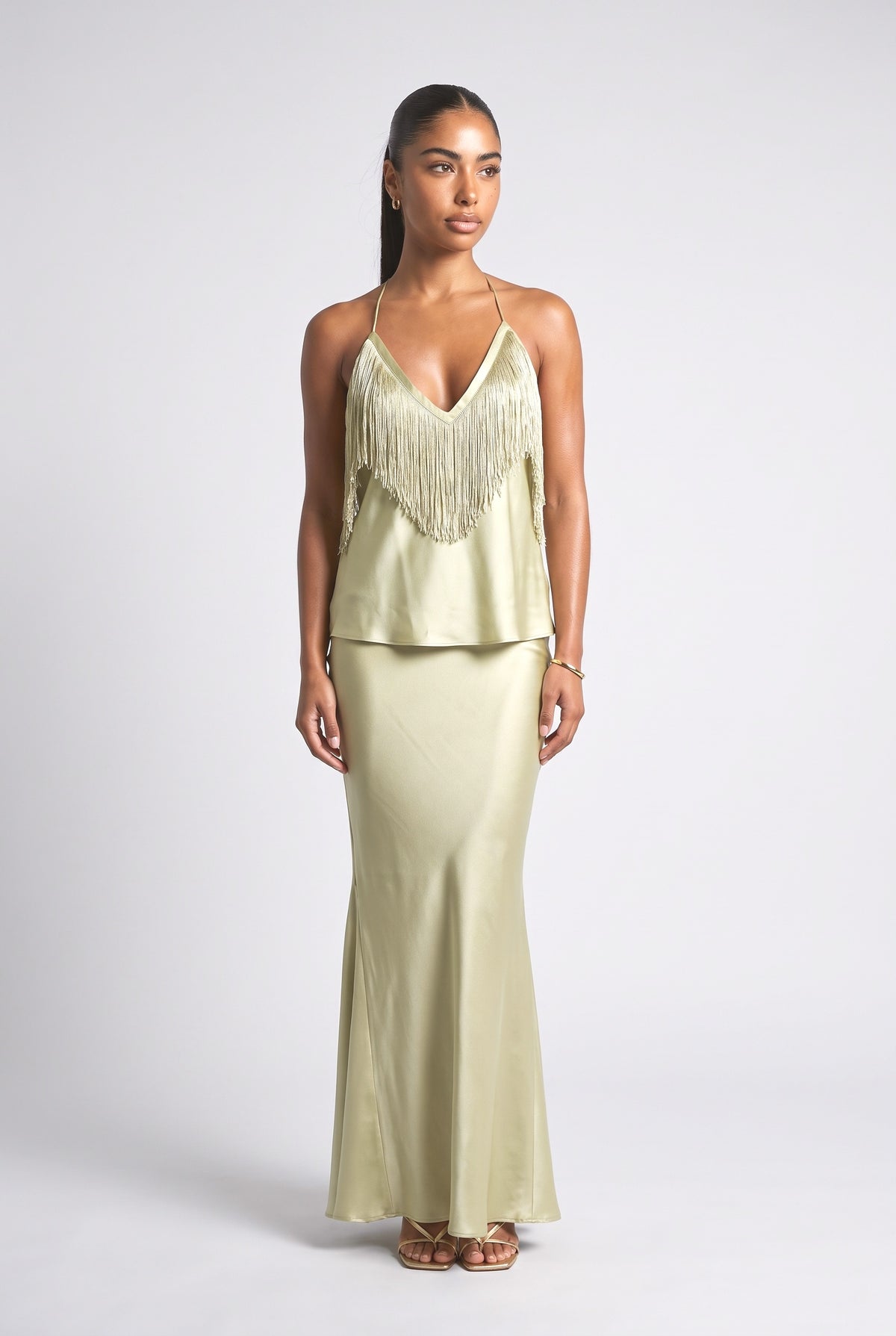 Satin Fringe Outfit Set, green set