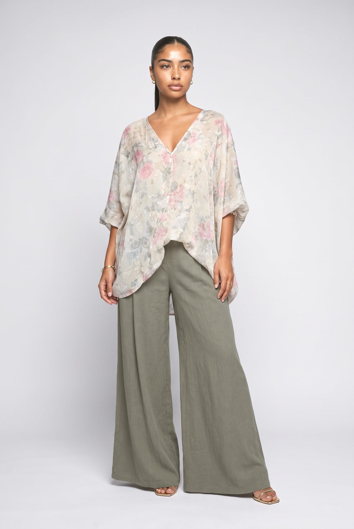 Floral Print Flowing Top & Wide-Leg Pants Set, green set