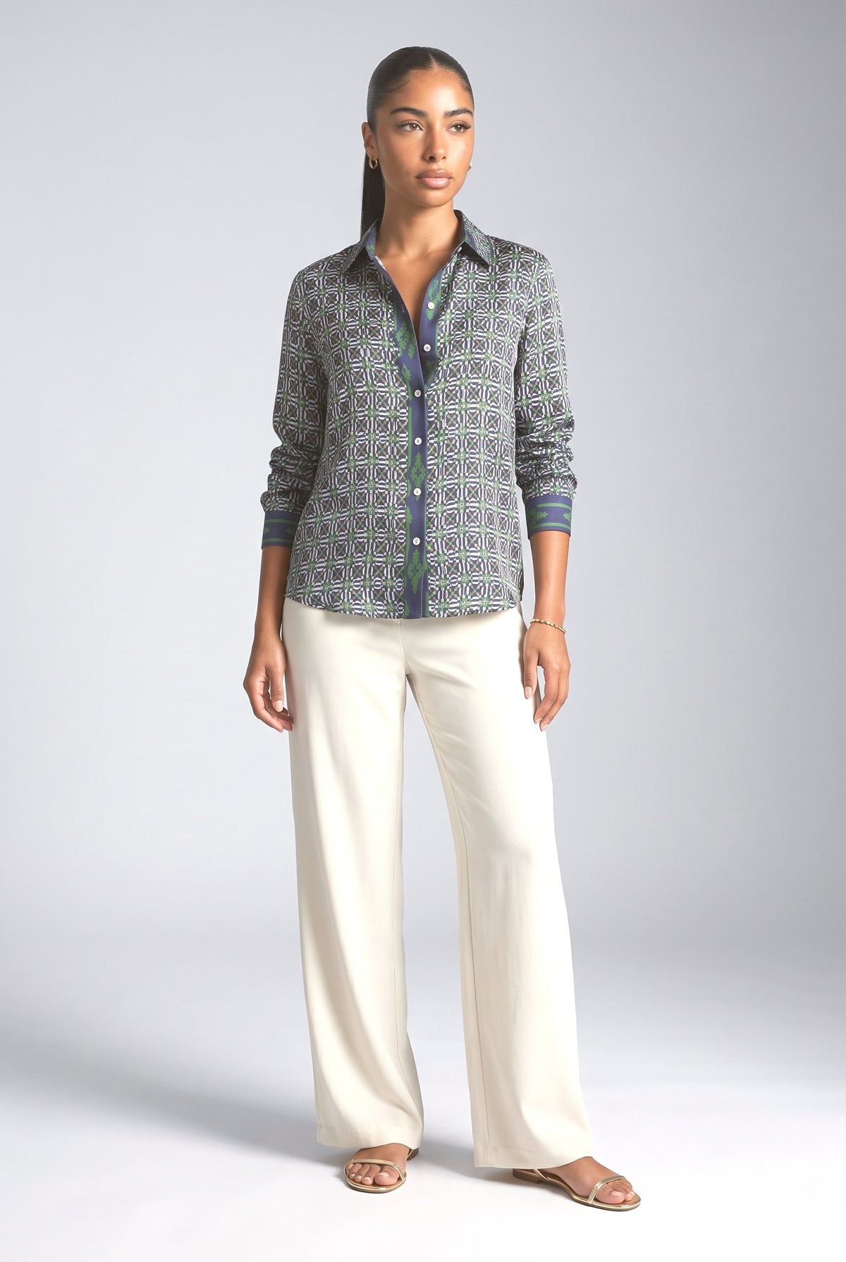 Geometric Satin Top, green top