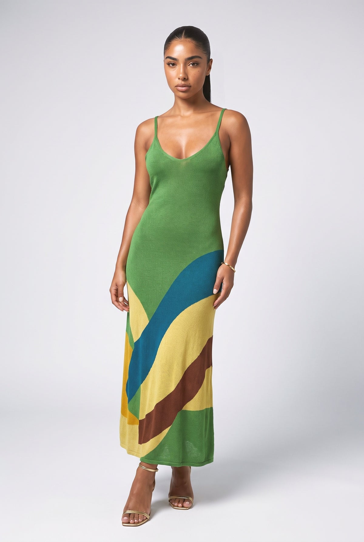 Green Colorblock Backless Maxi Dress, green